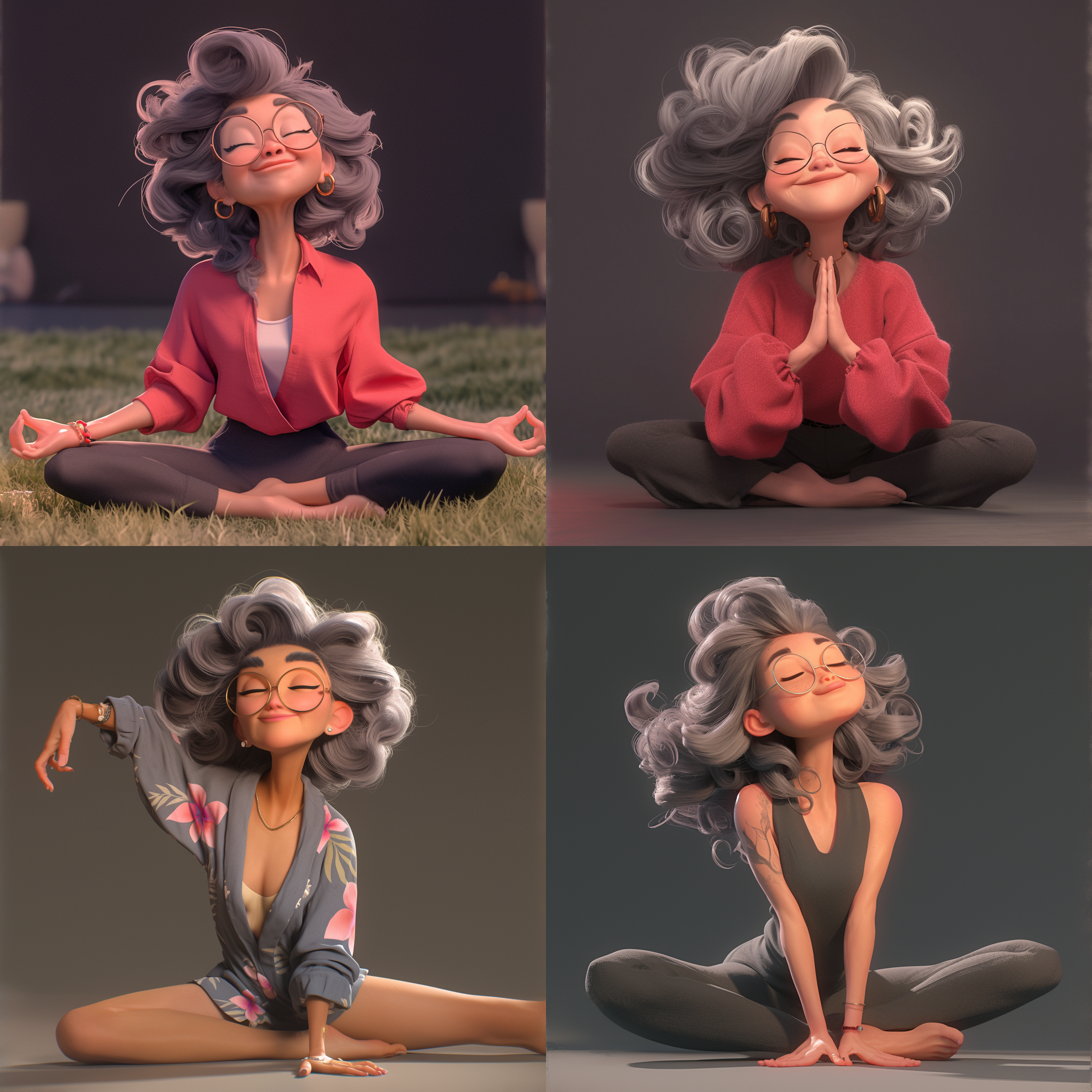 欢乐的老奶奶，在练瑜伽，一字马动作，极简风格，正面照，嘴角含笑，欢乐，舒畅，风姿卓越，红色，黑色，蓝色，黄色，颜色鲜艳，栩栩如生的角色设计，中国画风