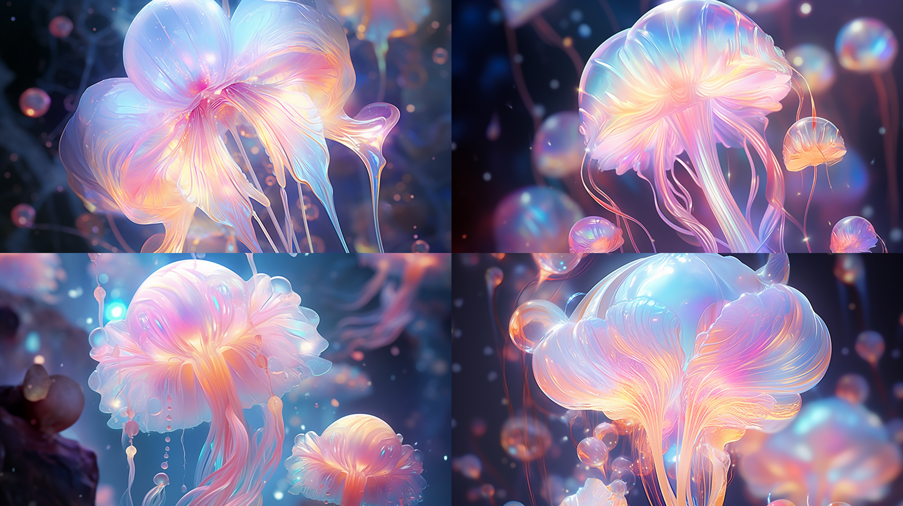 黑夜，海底世界，迷你水母，halitrephes maasi，彩虹水母，小银鱼，不规则生物，生物荧光，镜头设计，电影阿凡达风格，真实细节丰富，柔和色调，三渲二，星光粒子点缀，朦胧光效，光感特效后期处理，发光粒子特效增强，超高清，自然光线，长曝光，和谐，高光反射，动画设计，oc渲染
