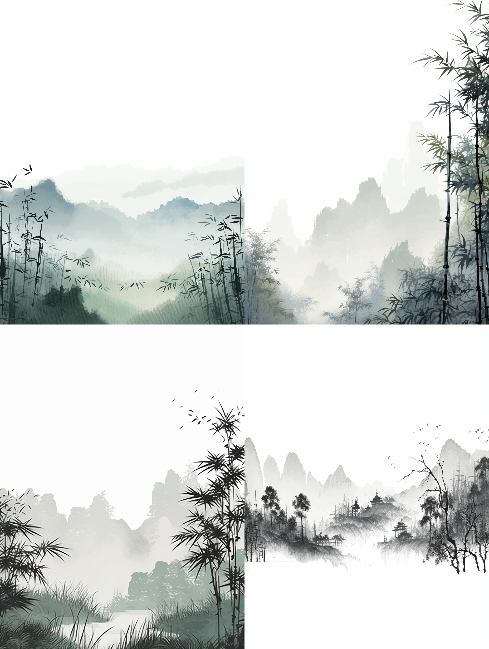 远山，近处竹子，留白。插画，新工笔画风格，线条细腻，极简风格，国画古风，构成感，肌理磨砂质感，东方美学，中国水墨画，简约风格，横板构图，细节刻画，粗笔触，静态，优雅。横板8k高清大图