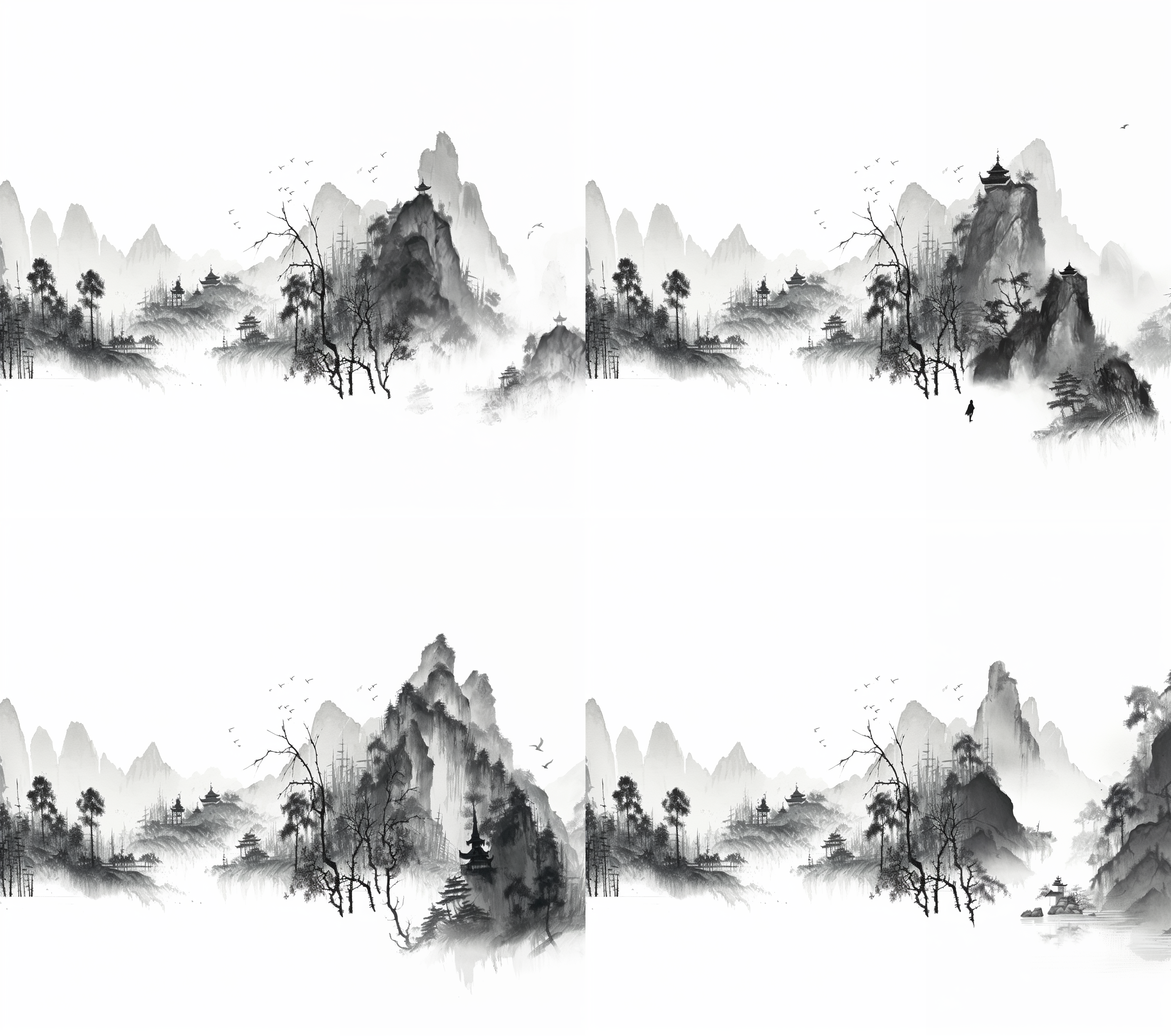 远山，近处竹子，留白。插画，新工笔画风格，线条细腻，极简风格，国画古风，构成感，肌理磨砂质感，东方美学，中国水墨画，简约风格，横板构图，细节刻画，粗笔触，静态，优雅。横板8k高清大图