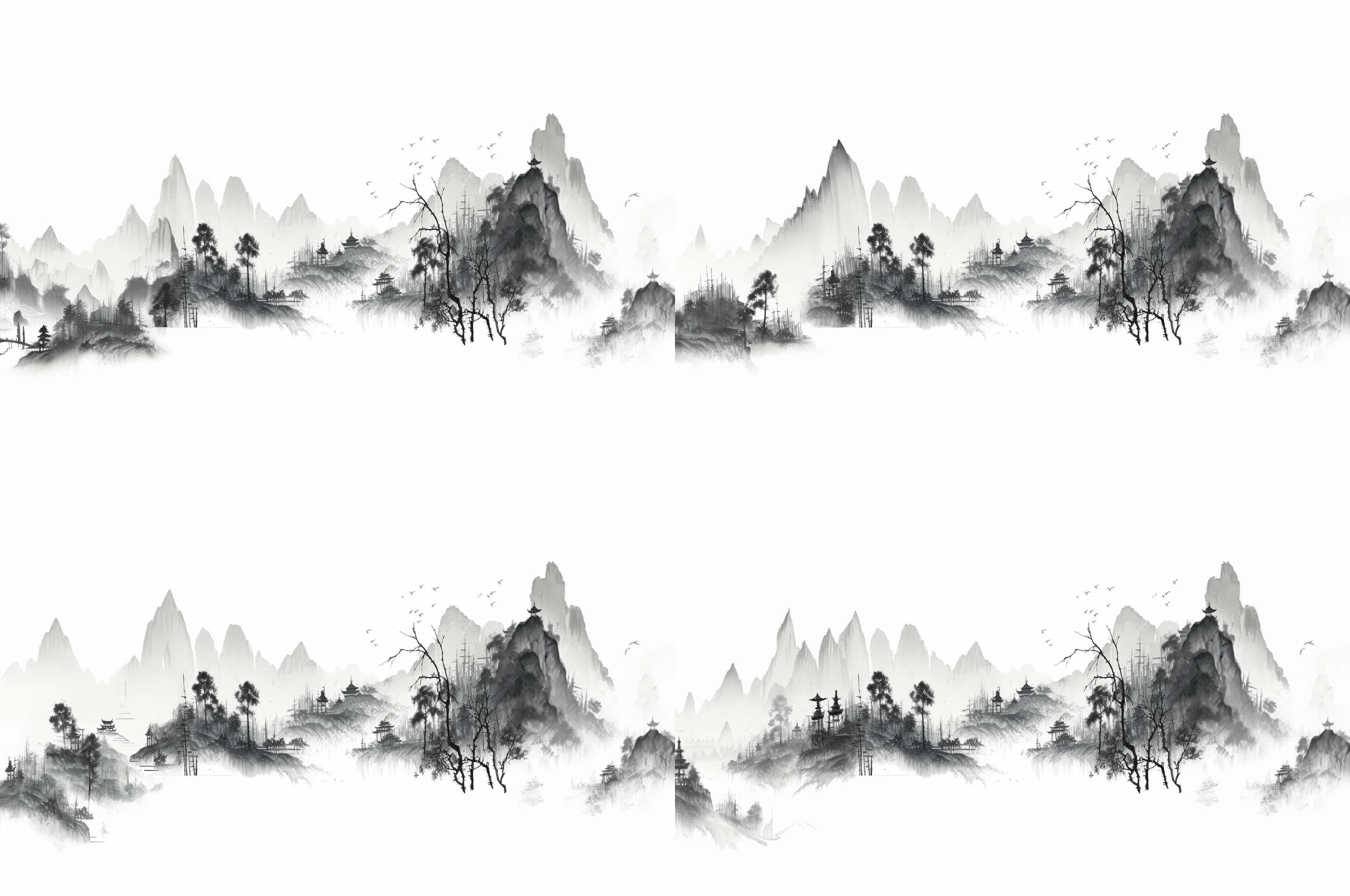 远山，近处竹子，留白。插画，新工笔画风格，线条细腻，极简风格，国画古风，构成感，肌理磨砂质感，东方美学，中国水墨画，简约风格，横板构图，细节刻画，粗笔触，静态，优雅。横板8k高清大图