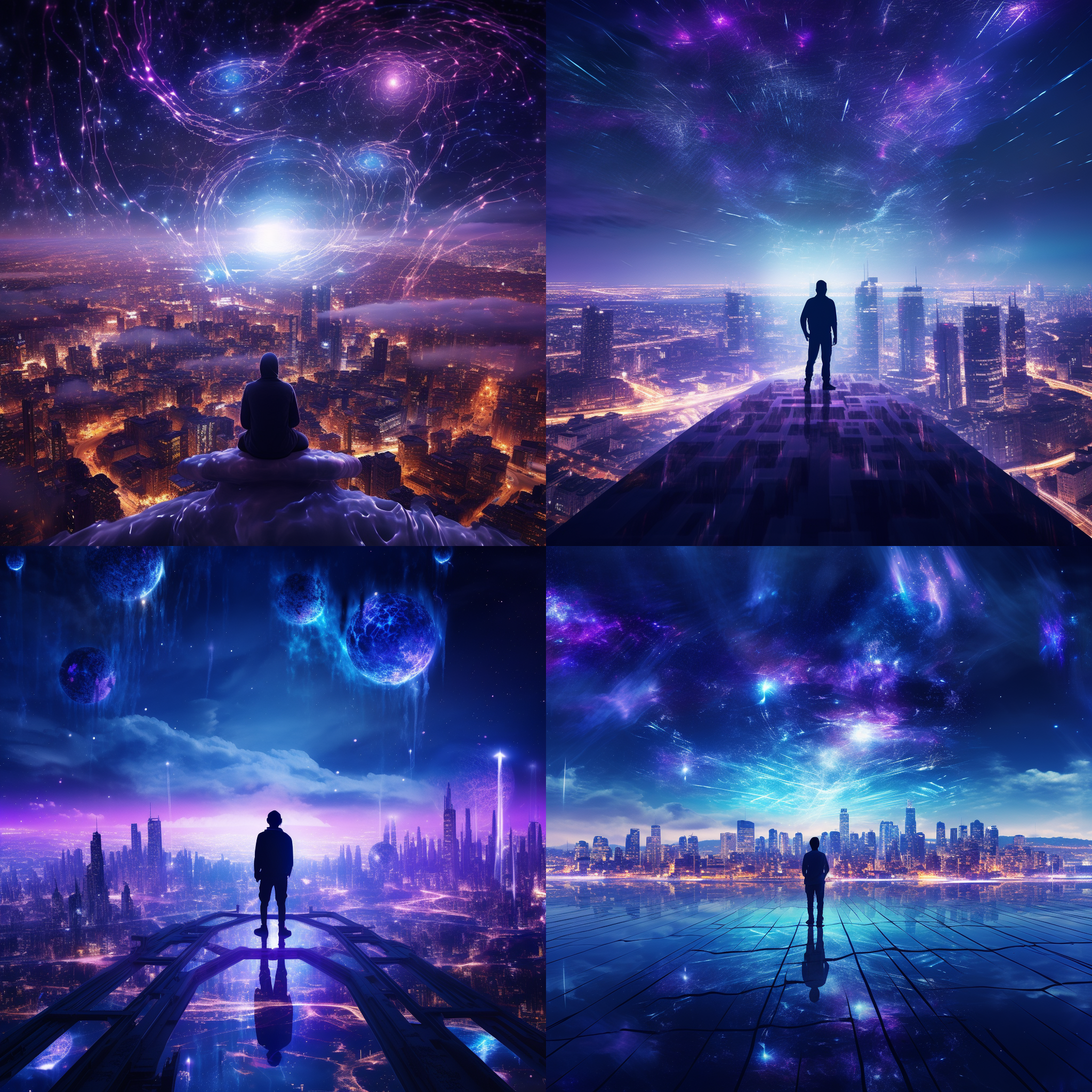 宇宙大脑星系，银河背景，孤独人类，赛博朋克风格，科幻光轨，震撼未来感全景构图，孤独感，深空蓝紫色调，长曝光，星轨，超广角镜头，背光，沉思，未来都市轮廓。