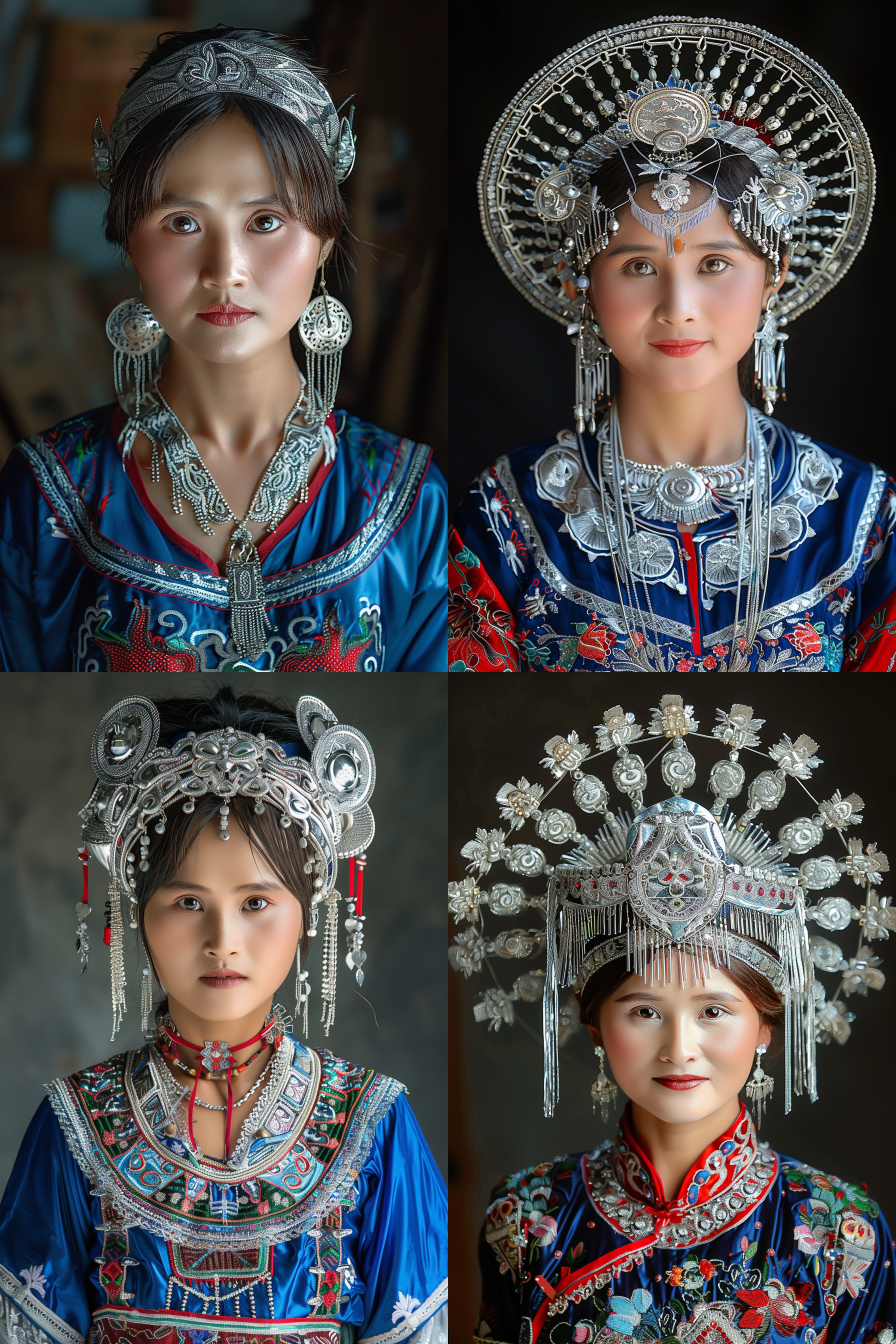 中国苗族女孩正面像，传统蓝色衣服，苗族银质头冠，银饰，学院派写实油画，背景朦胧，自然光，柔和对比，细致刻画，眼神有神，端庄美丽，暗调和谐色彩，8k高清画质，肖像画，细腻肌肤，静态美，深邃眼眸。