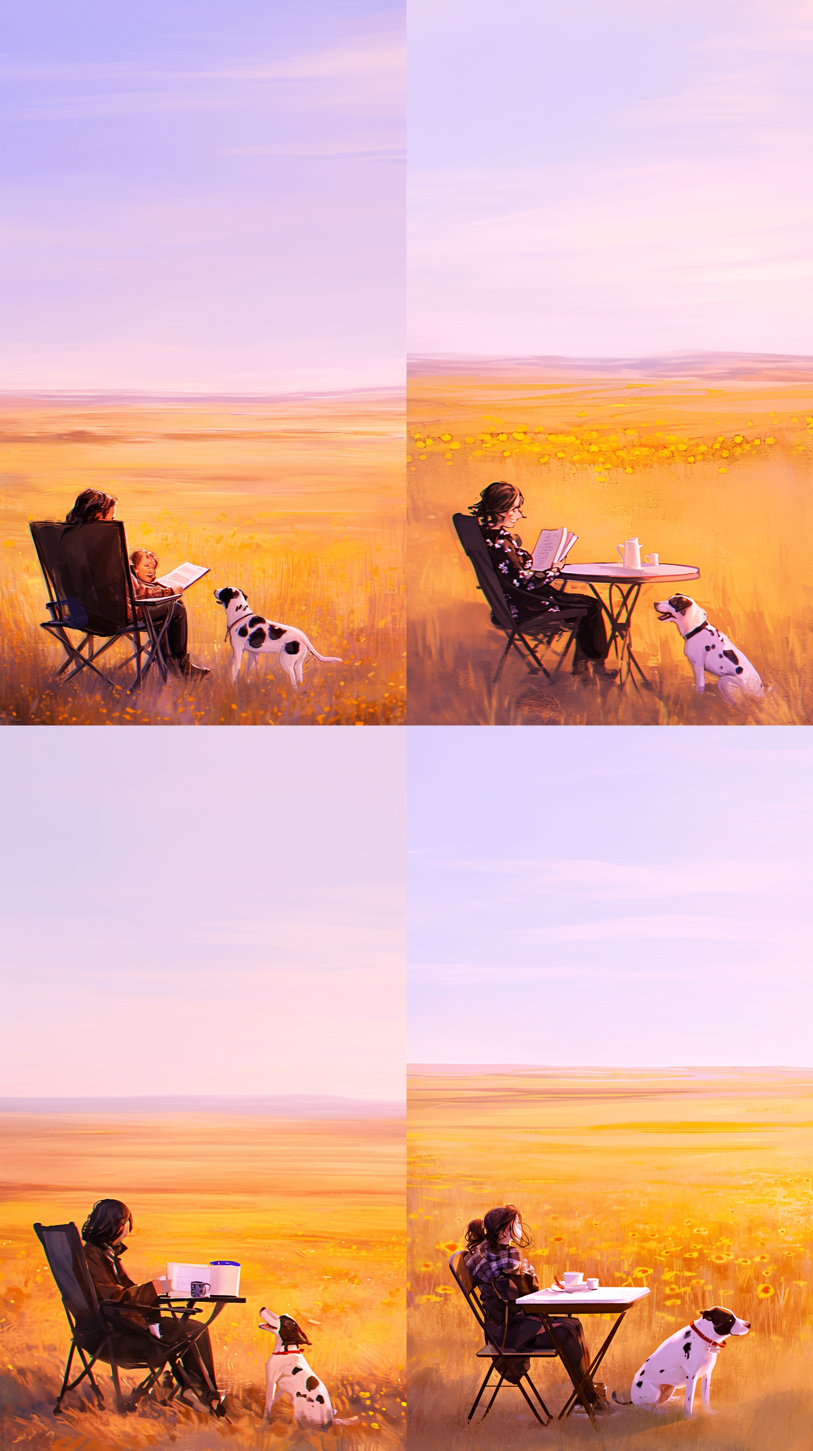 野外家庭亲子活动，一家三口与狗草地玩耍，蓝天白云，晴朗天气，柔和光线，平面插画风格，硫磺纸质感，公益海报，矢量平面插画，细腻线条，鲜艳色彩，轻松氛围，广角镜头，自然光，动态捕捉，家庭互动，宠物陪伴。 三分法构图