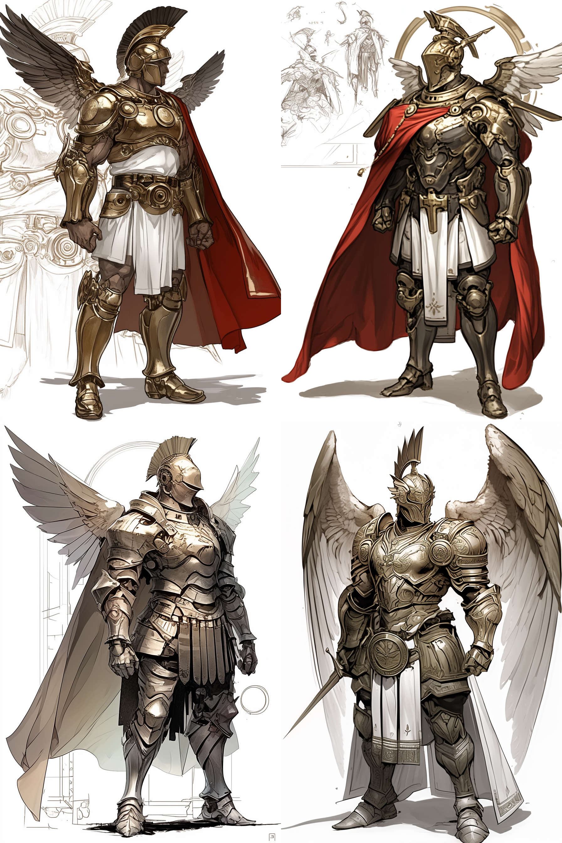 日式动漫风格，莫比斯画风，全身立绘，男战士，身穿铠甲，机械部件，肩部和胸部有盔甲，手臂和背部带羽翼，脚部有铠甲，白色背景，双边翅膀和披风