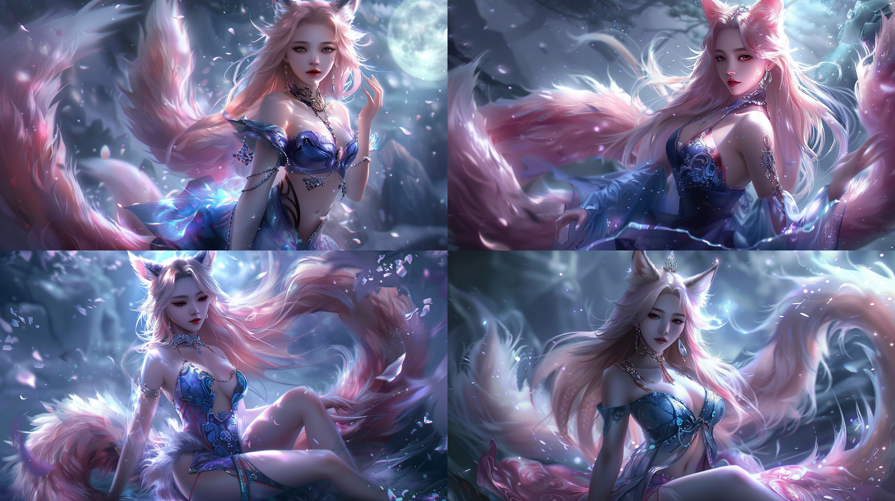 九尾妖狐美女，身着华丽的红色长裙，裙摆随着她的步伐轻轻摇曳。她的面容精致，眼眸深邃，透着一股神秘而迷人的气质。九条尾巴如丝般柔滑，每一条都闪烁着迷人的光泽，随着她的动作优雅地舞动。在月光下，她仿佛成为了夜的精灵，散发着迷人的光芒。