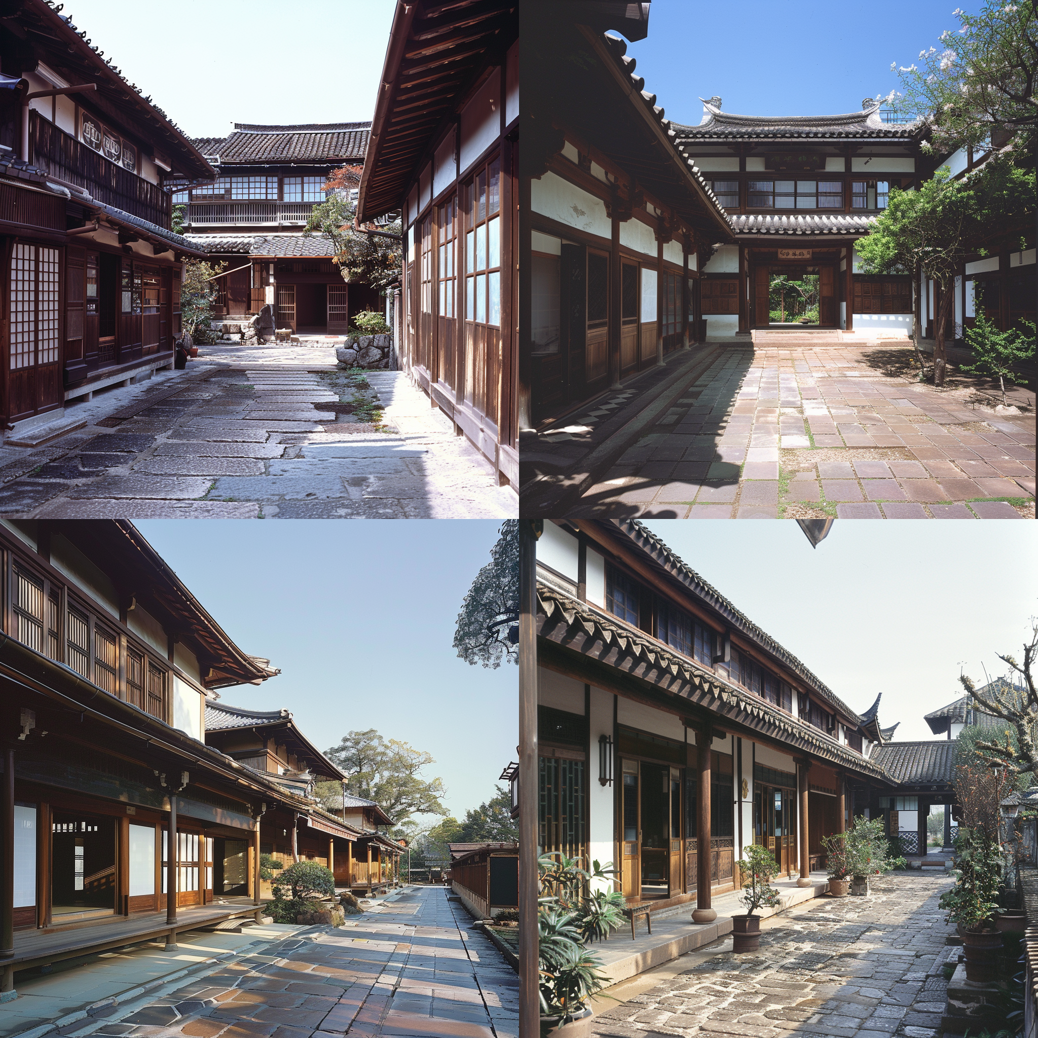 l一层联排建筑，局部二层，中间二层房顶凸显关东风格，门口加雨搭，两侧一层造型简洁，地面中式铺装装，墙面木材质处理，大门增加门楼，关东风格，线条简洁，暖色光晕，逼真材质，精致细节，mir风格。