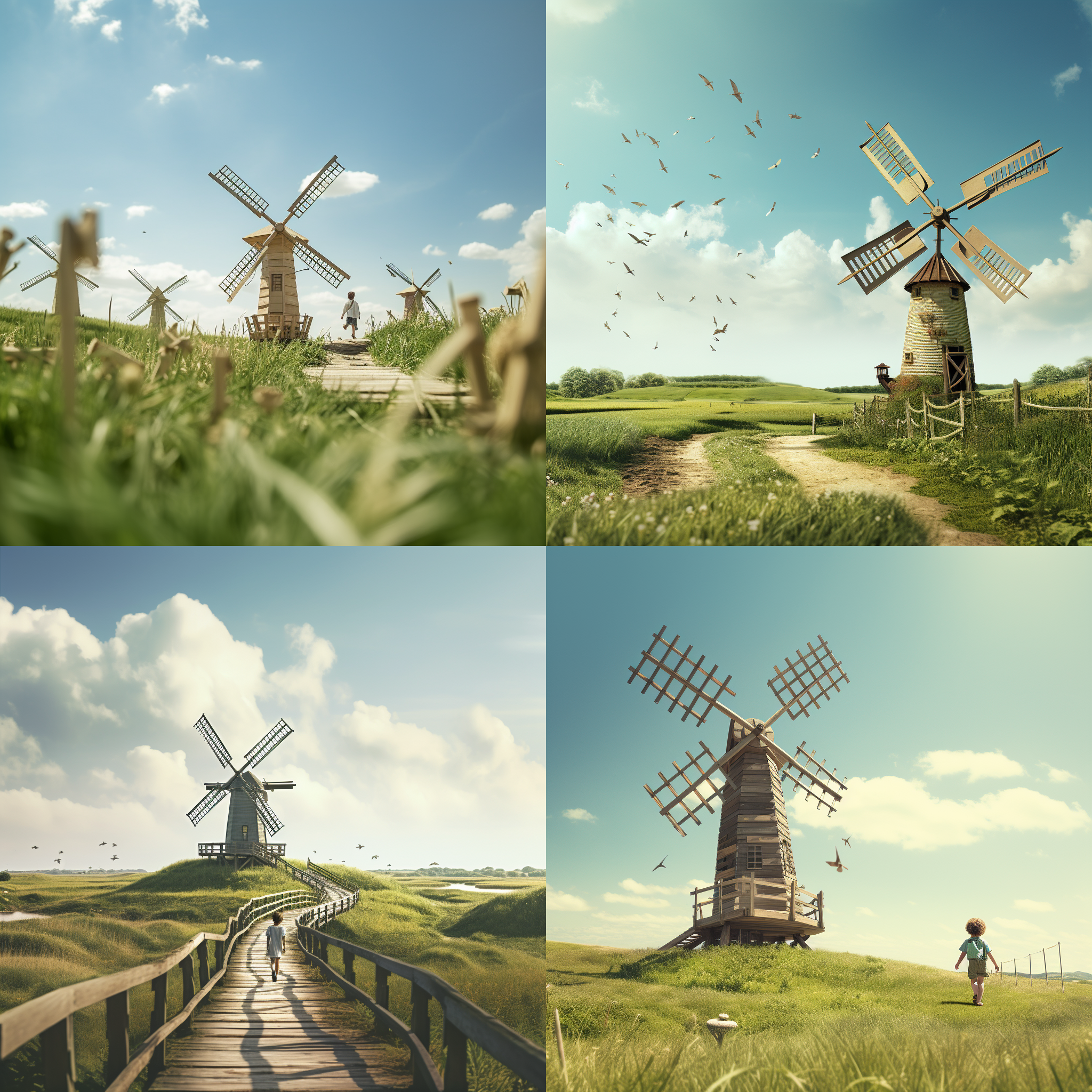 风车造型雕塑，广阔绿草地背景，飞鸟，木栈道，奔跑的孩子，广角透视，自然光线，柔和色调，长焦镜头，全景，静态，宁静，和谐。