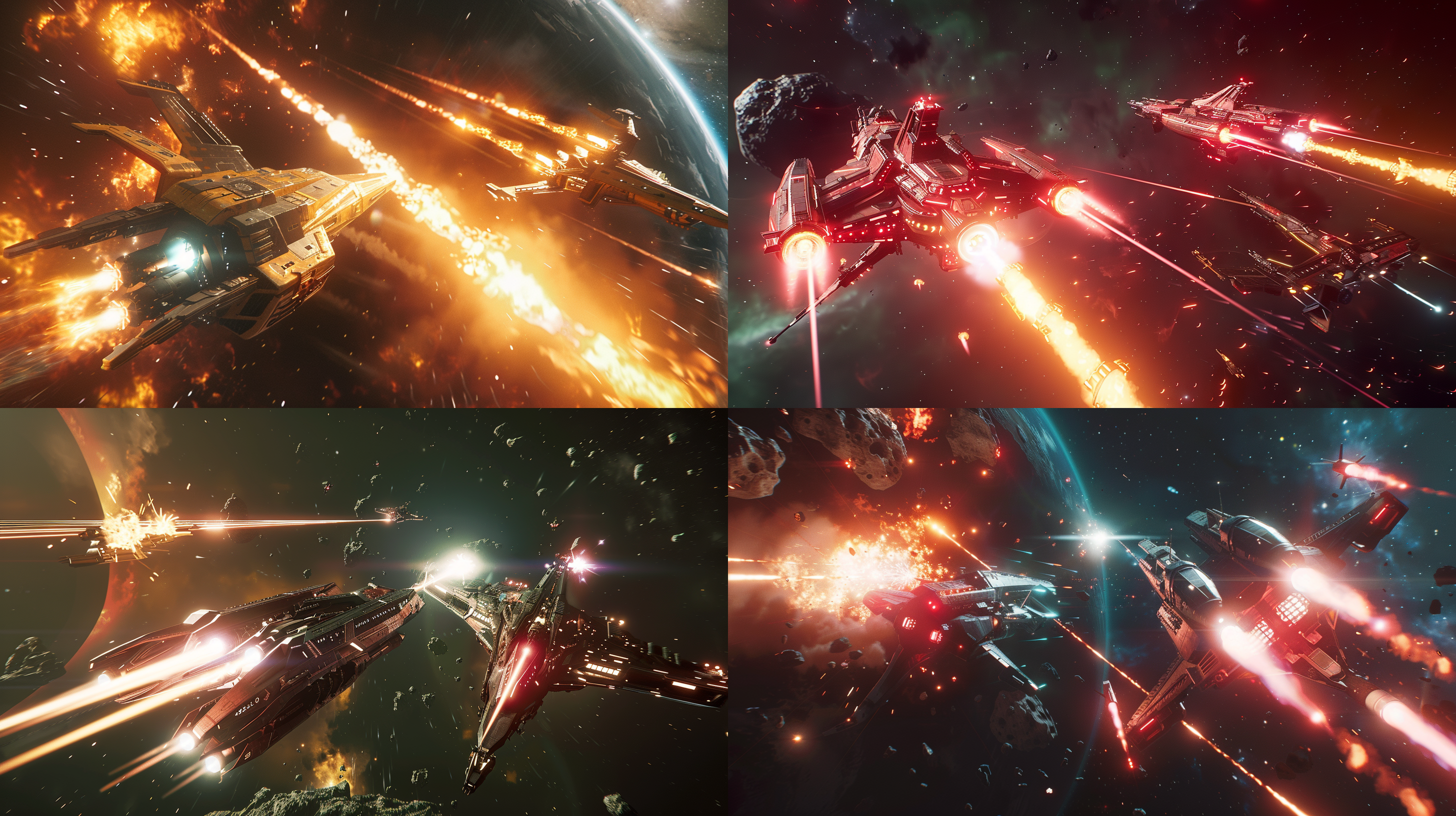 两艘宇宙战舰相互攻击，发射导弹，能量光束，远景，电影效果，深空背景，暗色调，科技感，广角镜头，星际战争，光束细节，导弹轨迹。