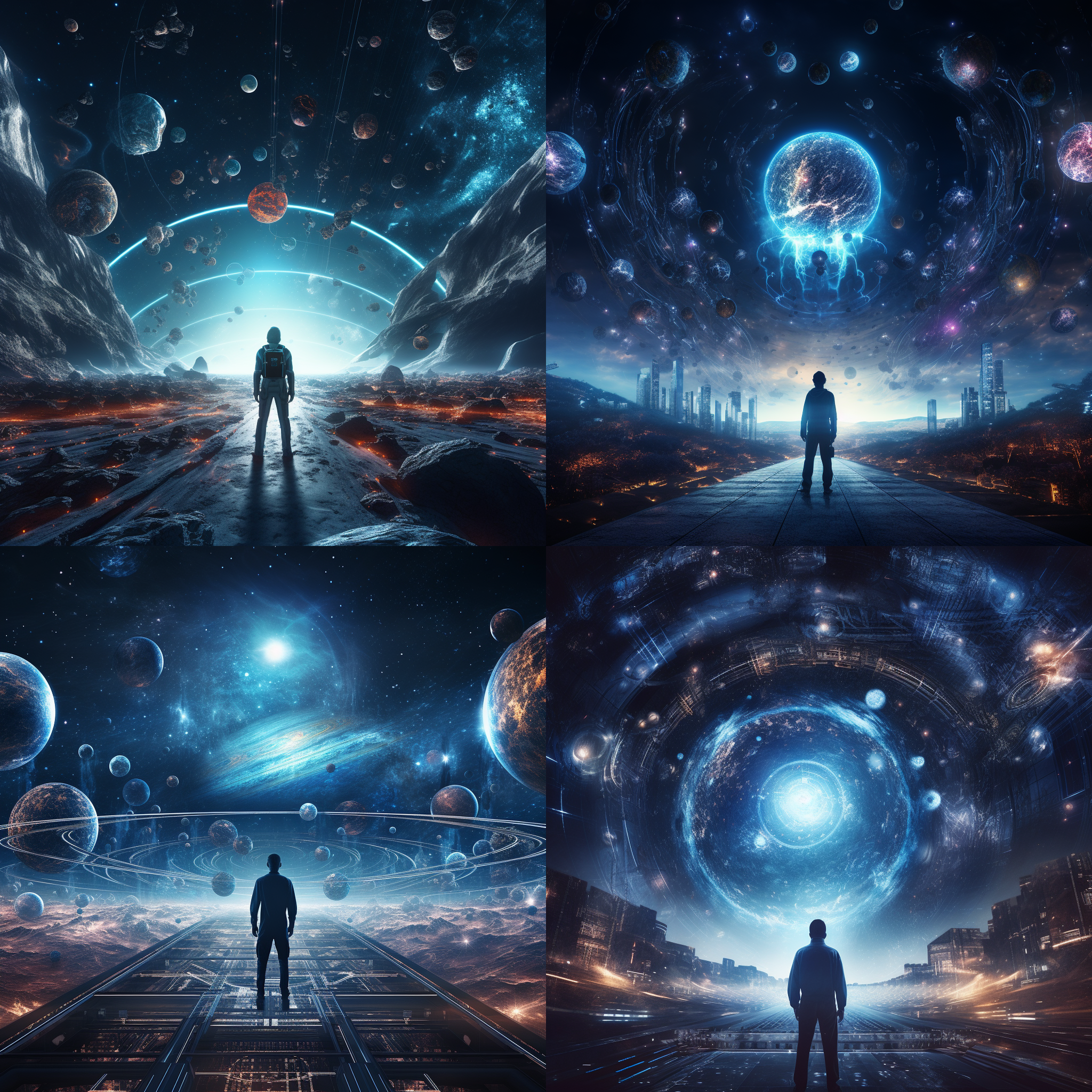 宇宙全景，外星人大脑与九大行星，银河边界，赛博朋克风格，孤独人类，震撼未来感，全景构图，深蓝色调，光轨效果，高动态范围，广角镜头，背光，神秘，科技感。