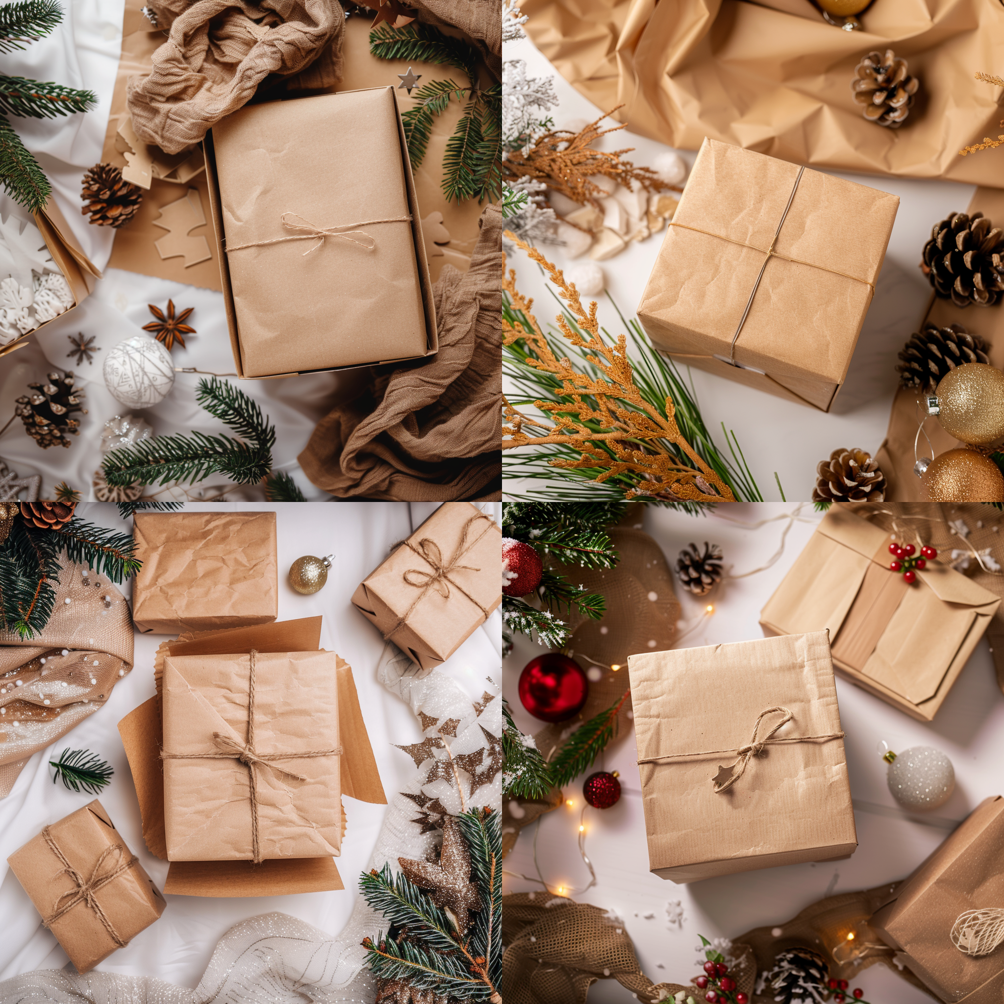 圣诞主题，空白牛皮纸盒，无捆绑，8k摄影，自然光，室内，暖色调，微距镜头，柔和光线，静物，简约，温馨，节日氛围。 顶视图 居中构图