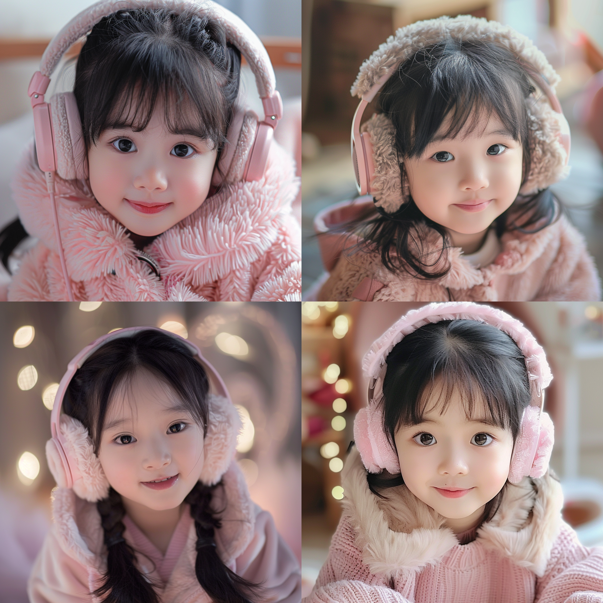 中国小女孩，黑发圆脸大眼睛微笑，脸蛋胖嘟嘟，毛毛耳机，粉色衣服，柔光效果，室内自然光，浅景深，温馨氛围，柔和色调，自拍，仰角，温暖，宁静。