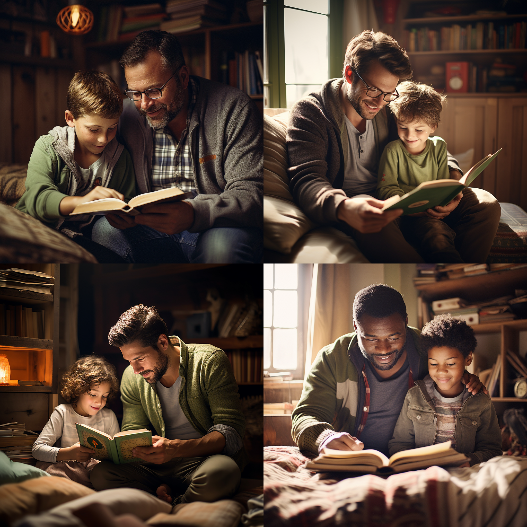 爸爸陪伴11岁可爱儿子看书，温馨室内，自然光，中景，父子互动，和谐氛围，柔和色调，长焦镜头，静态，专注表情，亲子时光。