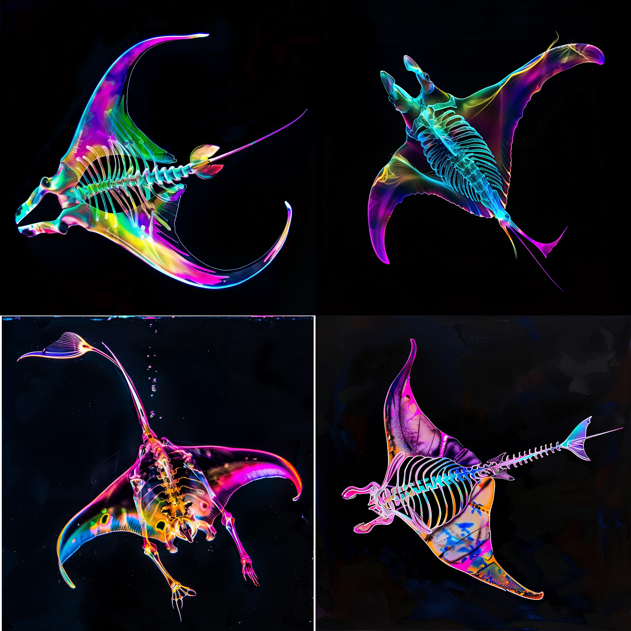 彩色透明皮肤骷髅manta，悠闲遨游，全身图，宇宙色调，水彩材质，中心构图，神秘感，光线明亮温暖，柔和背光，细节丰富，动态捕捉，梦幻色彩，宁静氛围。 黑光 消失点构图 博奇尔