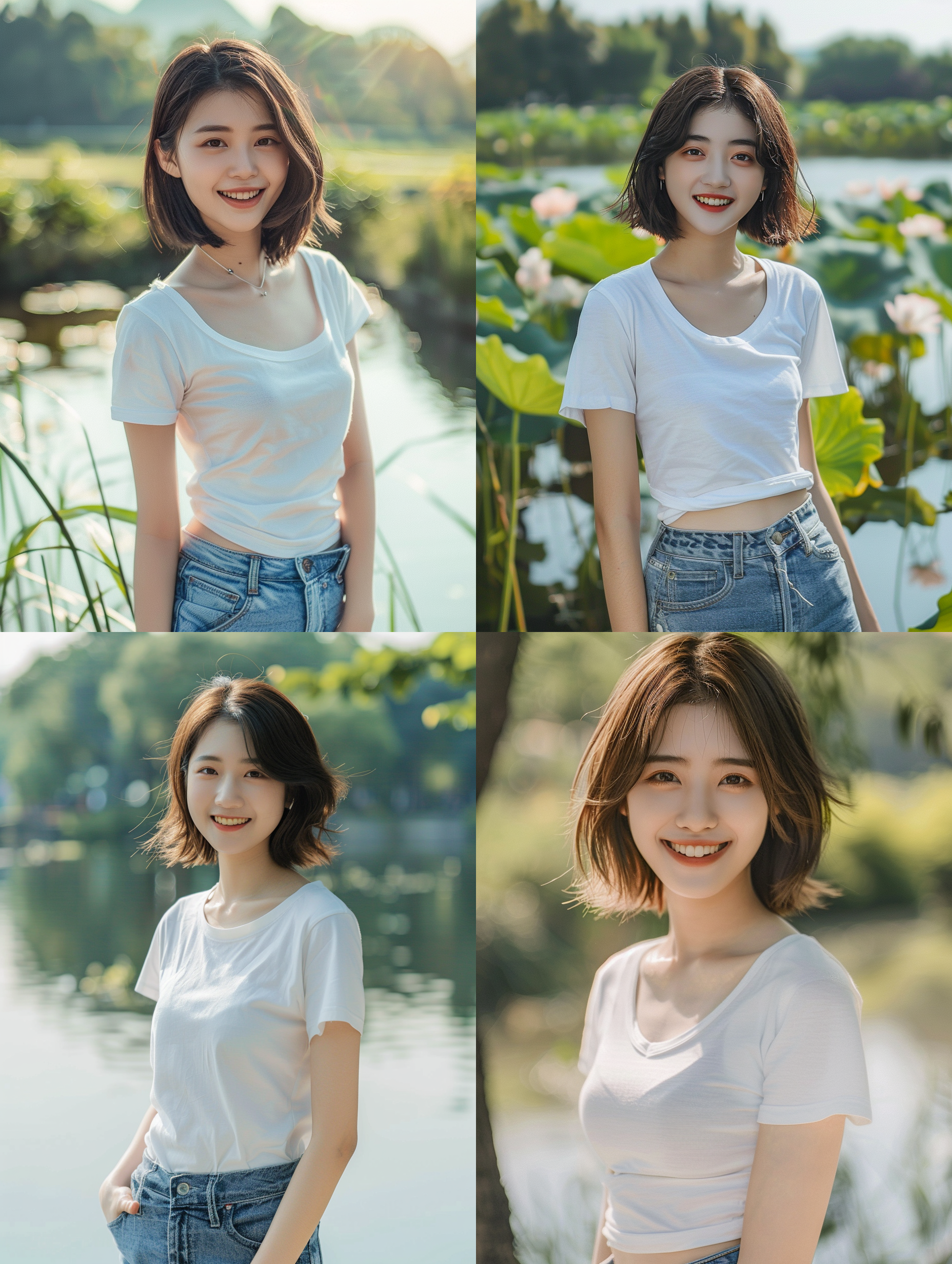 中国美女，齐肩短发，微笑，清纯，白色薄体恤，牛仔裤，站立，全身照，背景为水塘，追求细节，8k