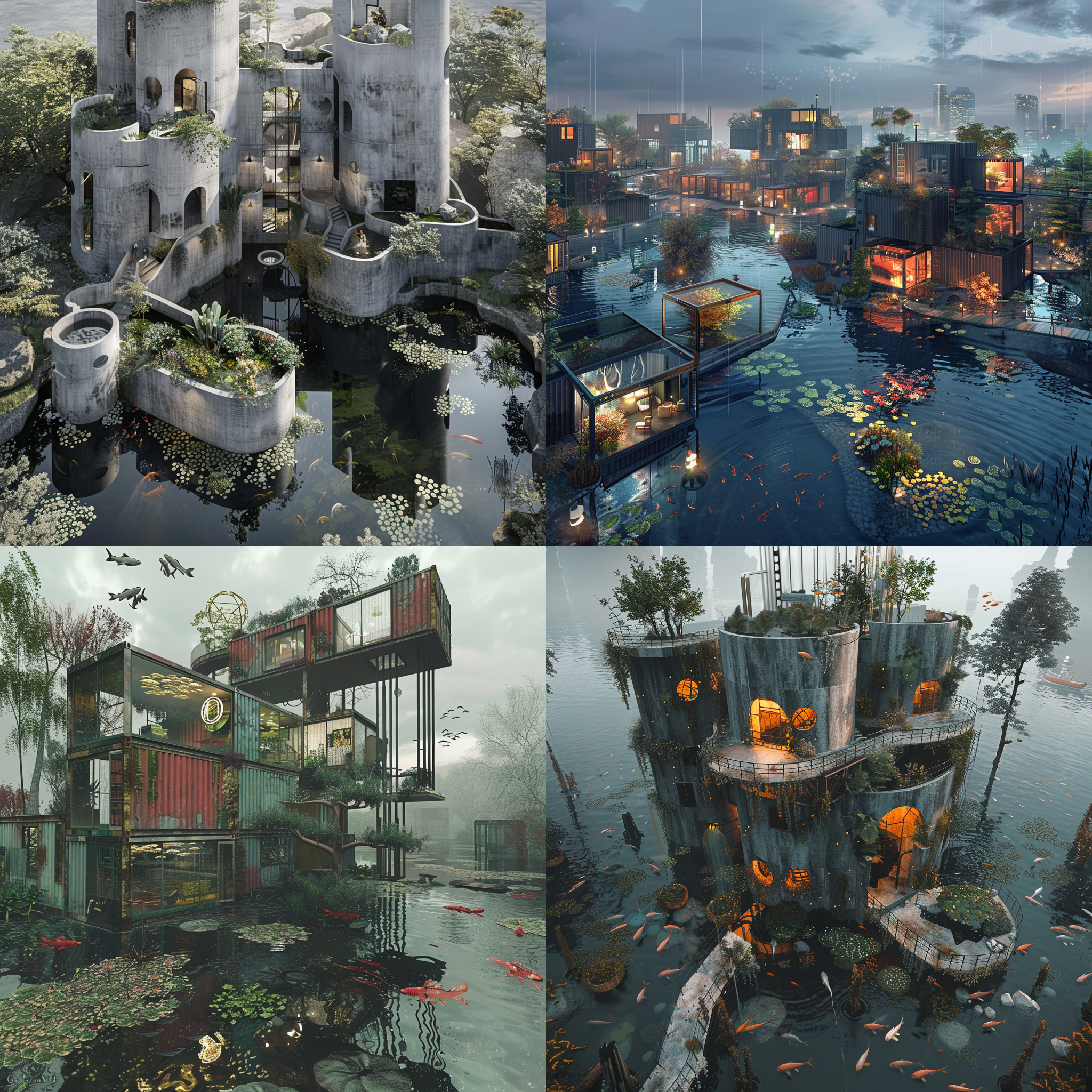 通过广场进入一栋集装箱搭建的水上城堡，周边鱼塘环绕，朋克风格，mir鸟瞰，精致画面。