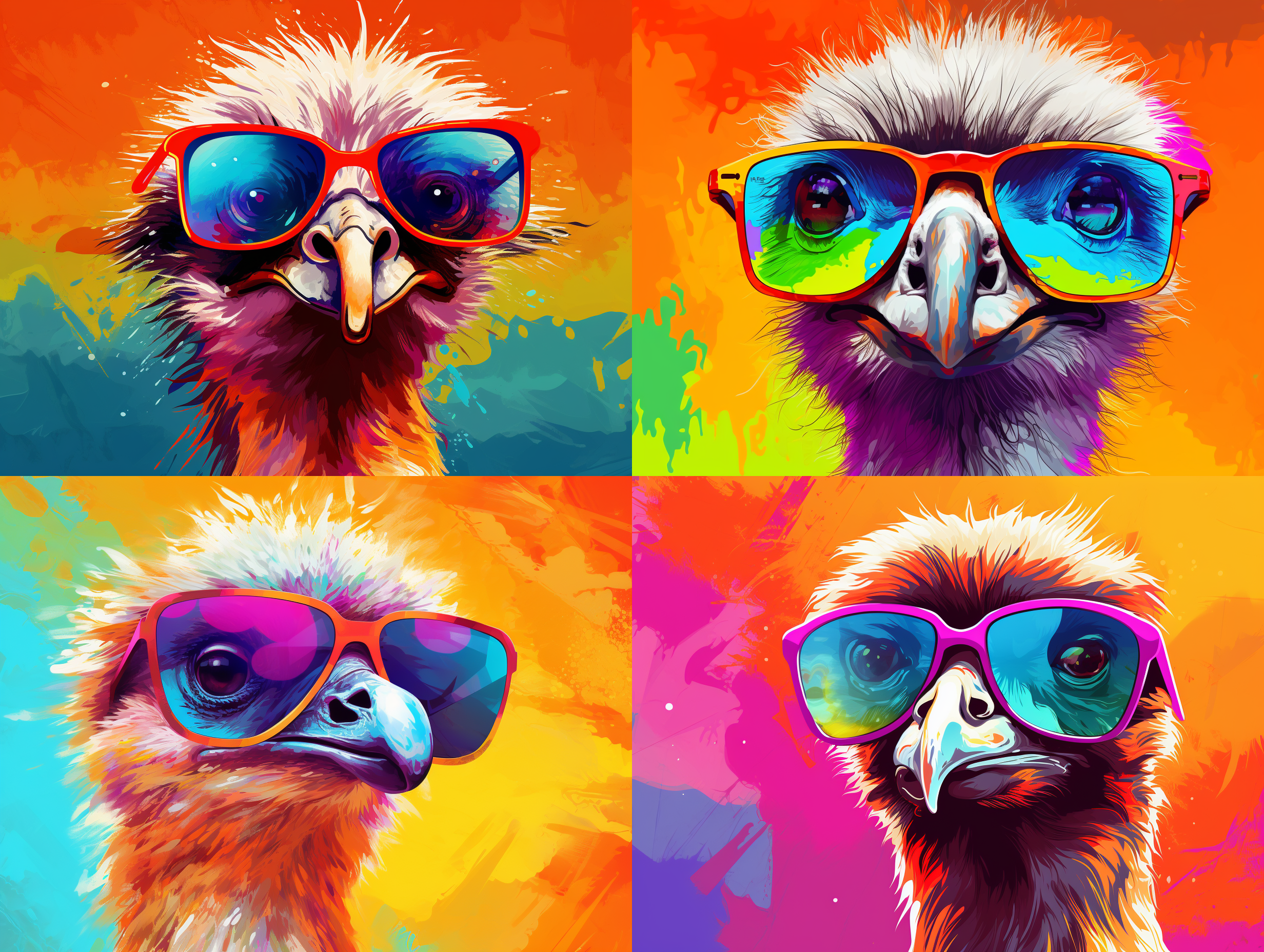 cute ostrich wearing sunglasses in studio with a colorful and bright background. fauvism style distant view