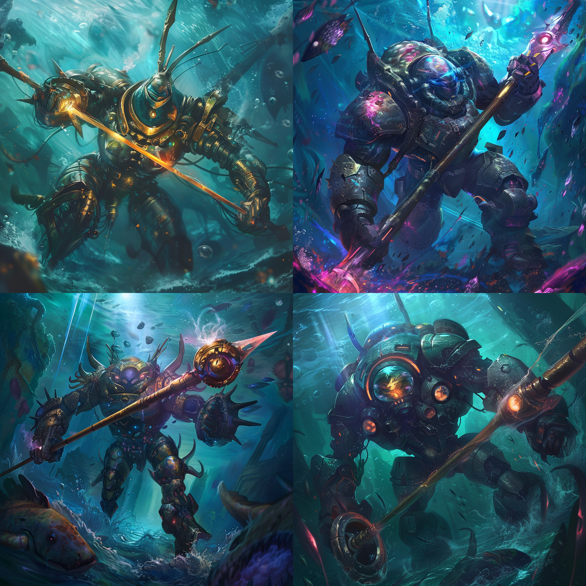 英雄联盟深海泰坦-诺提勒斯手握长矛武器，宽广构图，细节丰富，赛博朋克风，颜色丰富，长曝光，神秘光环，坚定表情，超现实主义，广角镜头，低角度拍摄，明亮环境，神秘氛围，深邃眼神。