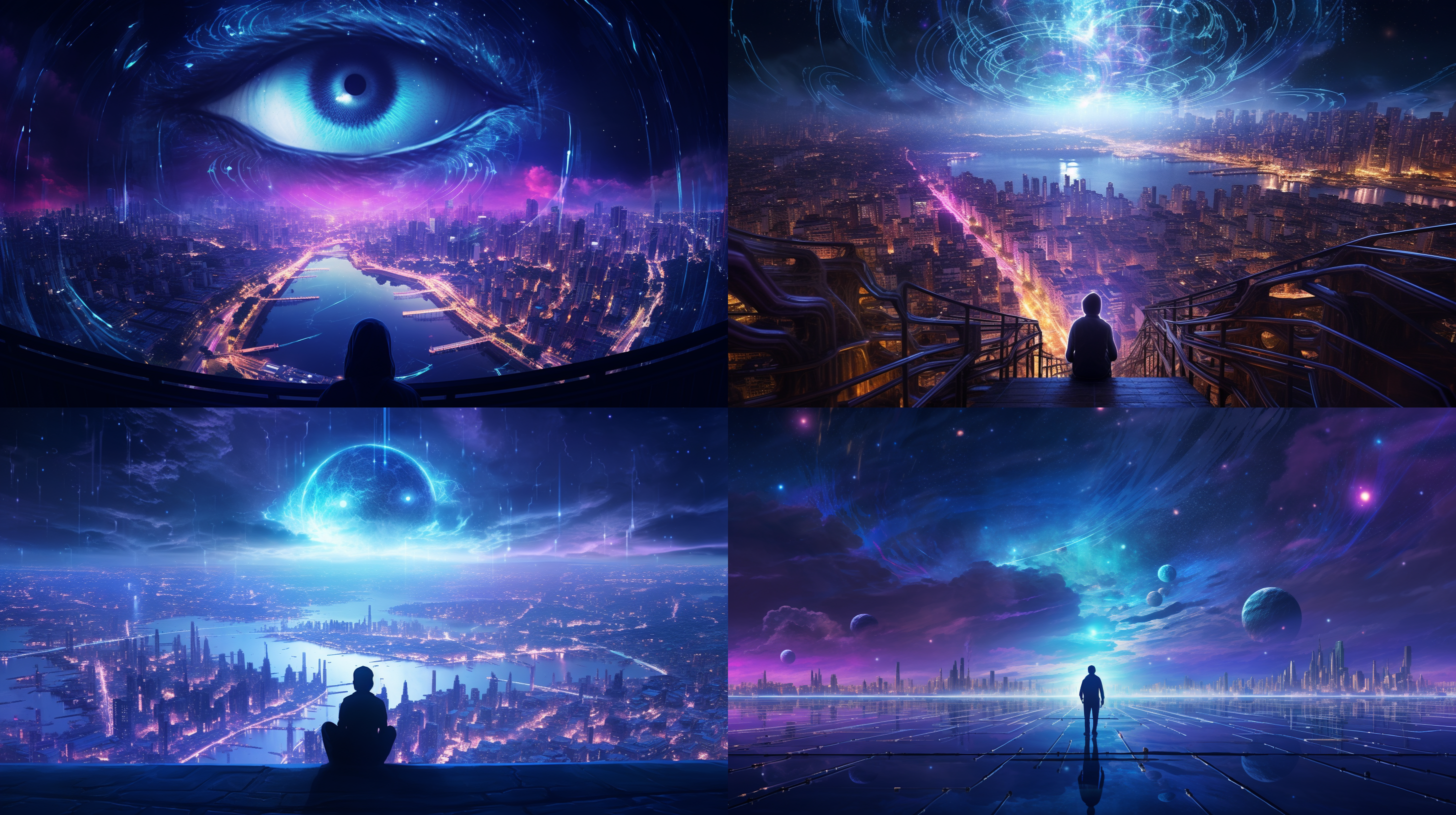 宇宙大脑星系，银河背景，孤独人类，赛博朋克风格，科幻光轨，震撼未来感全景构图，孤独感，深空蓝紫色调，长曝光，星轨，超广角镜头，背光，沉思，未来都市轮廓。