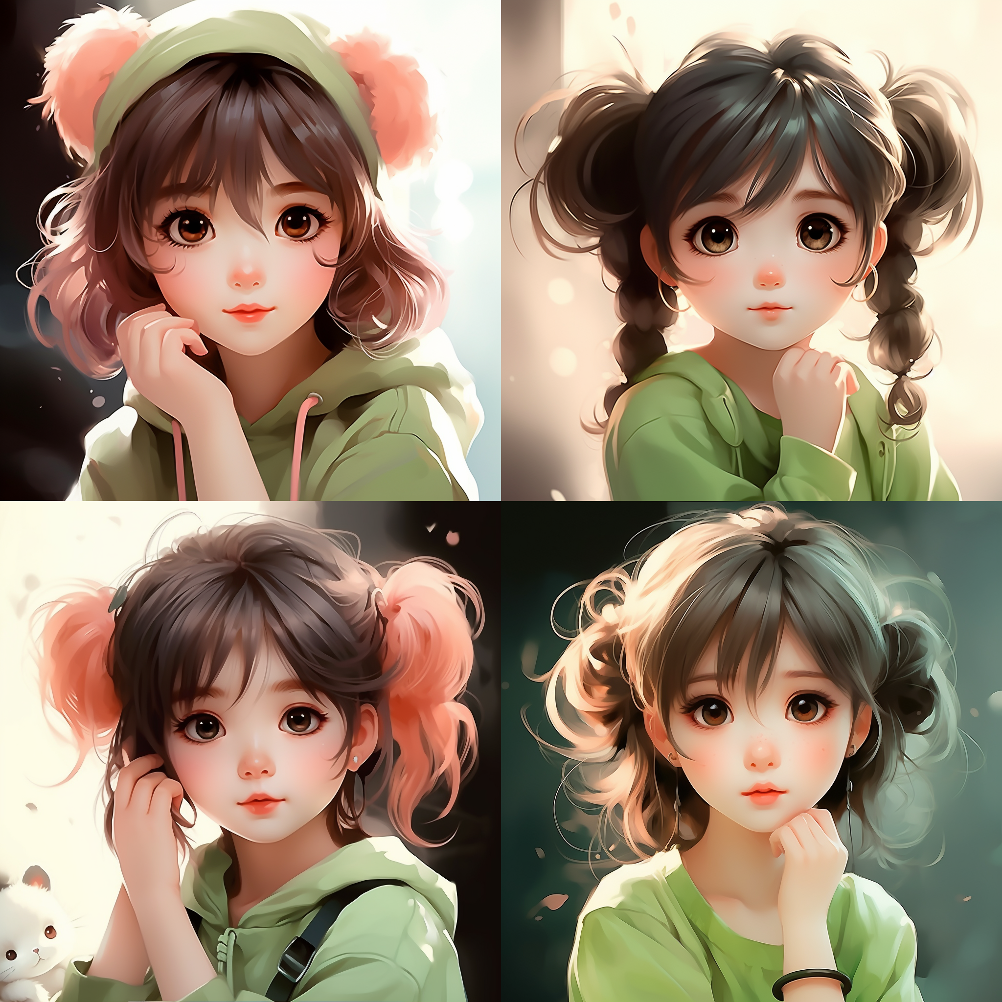 可爱动漫女孩肖像，500px高清，蔡徐坤风格，2019年动漫风，ai应用图标，迪士尼艺术家绘制，绿色大眼睛，清晰无瑕的脸庞，卡通风格，棉花糖般的柔软，天真无邪，保护感，柔和色彩。