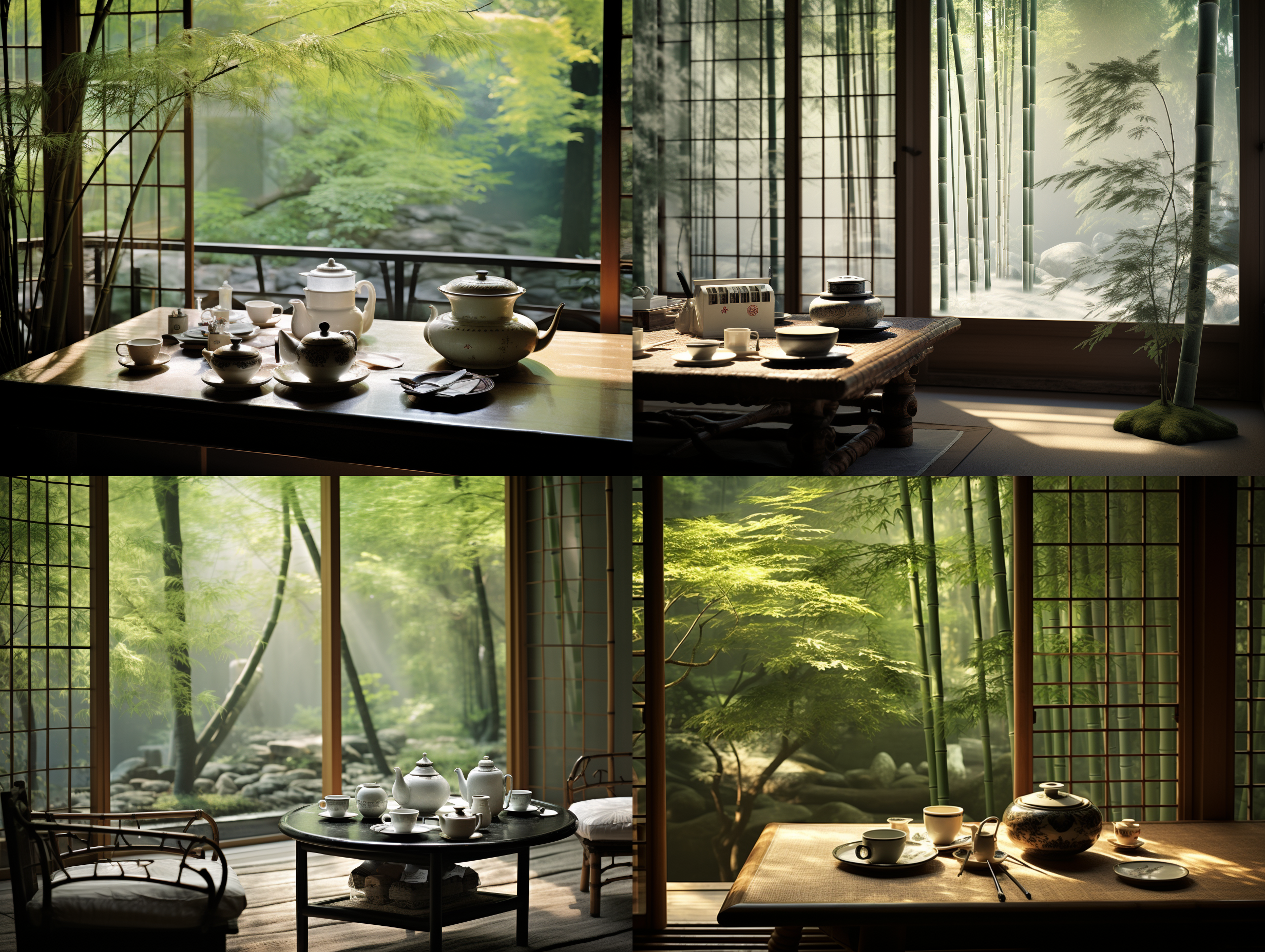 清幽茶室，禅意深邃，茶具精致，禅字挂轴，窗户透光，竹林背景，和谐构图，自然光，柔和色调，长焦镜头，静谧，沉思。