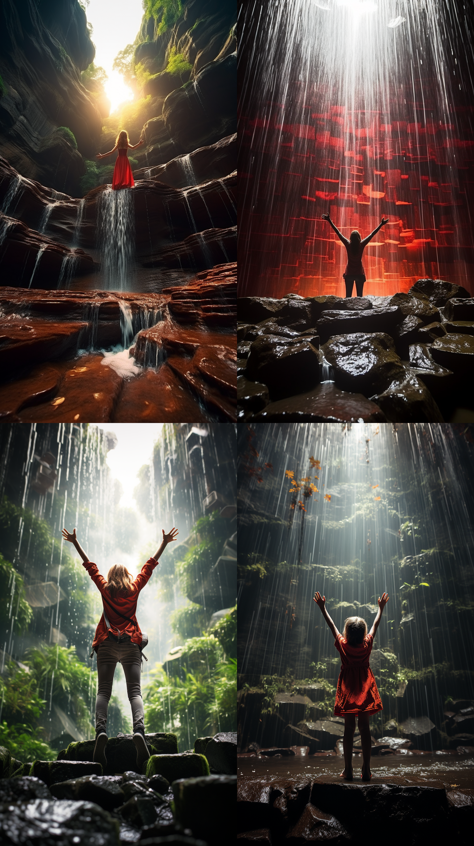 瀑布中红色衣服女孩，站在岩石上举双手向上，水花四溅，气势壮观，逆光，正面闪光灯补光，颜色通透，低视角，广角镜头，8k高清晰画面，场面开阔，动态捕捉，自然光与人造光结合，红色与绿色对比，兴奋，自由。