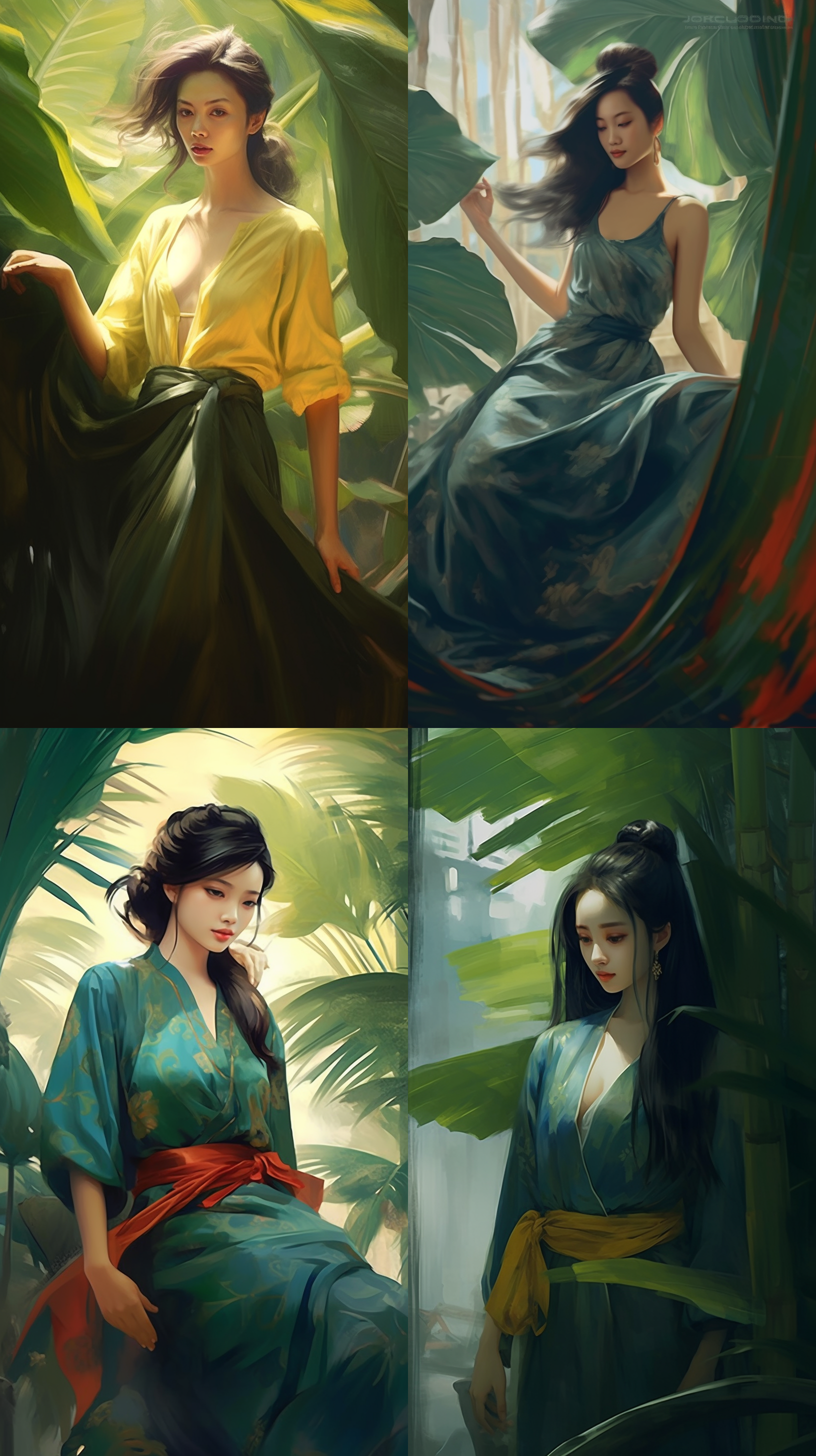 芭蕉叶下素衣女子，裙带飘逸，中国风，写意人物，传统服饰，线条流畅，绢本中国画，4k高清画质，自然光，柔和对比，细腻笔触，专注表情，动态捕捉，和谐色彩。