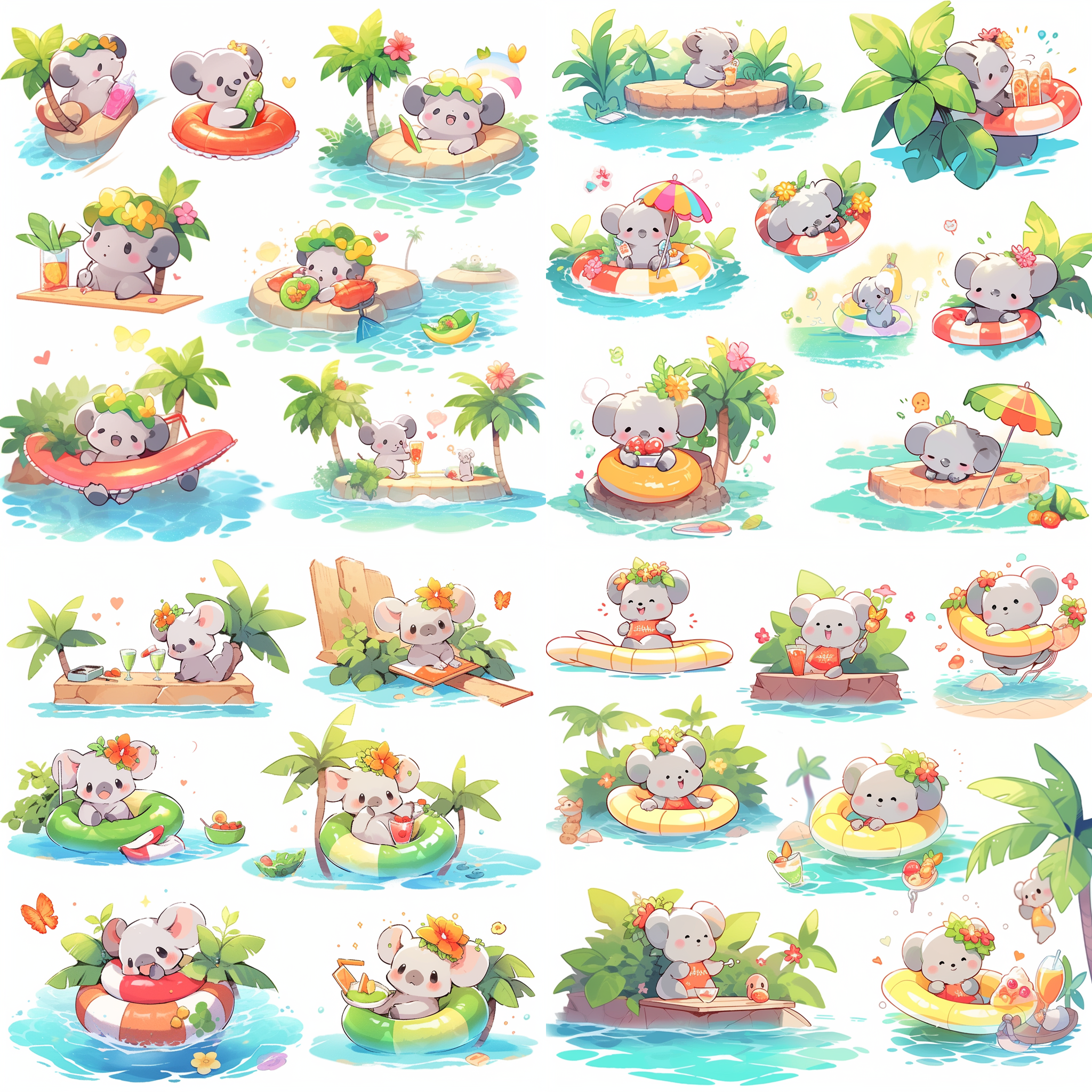 考拉表情符号，拟人化形态，怀抱西瓜在小型池塘嬉戏，部分奔跑玩耍，部分睡眠，部分在遮阳伞下晒太阳，卡通风格，马卡龙色彩搭配，明亮光线，动态丰富，轻松氛围，广角镜头，侧光，快速快门，跳跃，宁静。