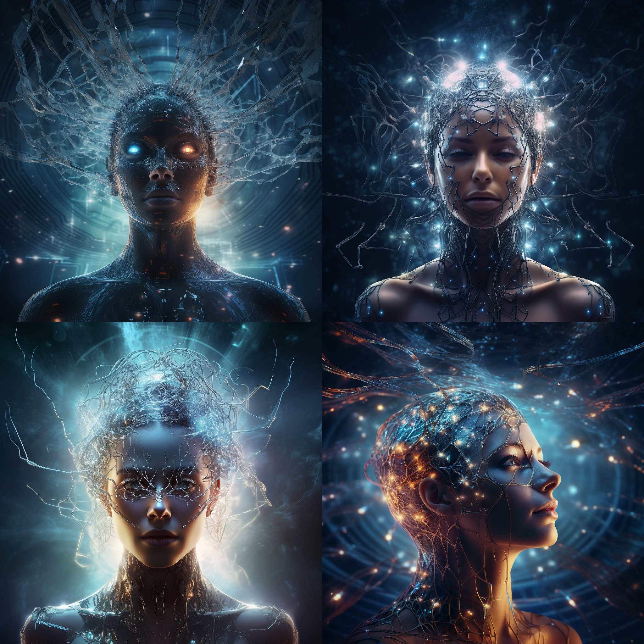 潜意识活动，大脑思维网络，神秘降临，宇宙苍穹，科幻玄幻，星云背景，超广角镜头，暗色调，光影交错，抽象线条，深邃眼神，沉思姿态，未来科技感。