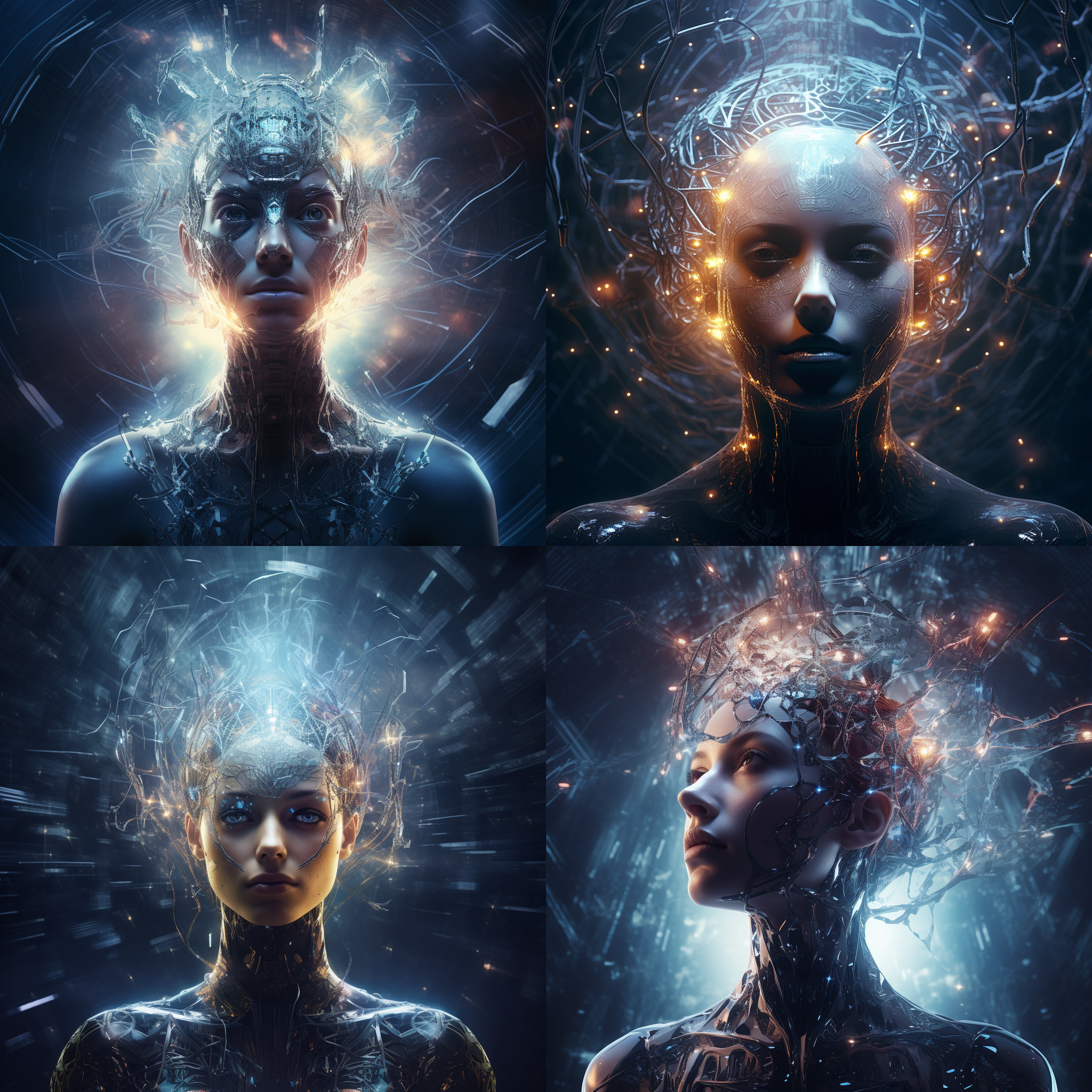 潜意识活动，大脑思维网络，神秘降临，宇宙苍穹，科幻玄幻，星云背景，超广角镜头，暗色调，光影交错，抽象线条，深邃眼神，沉思姿态，未来科技感。