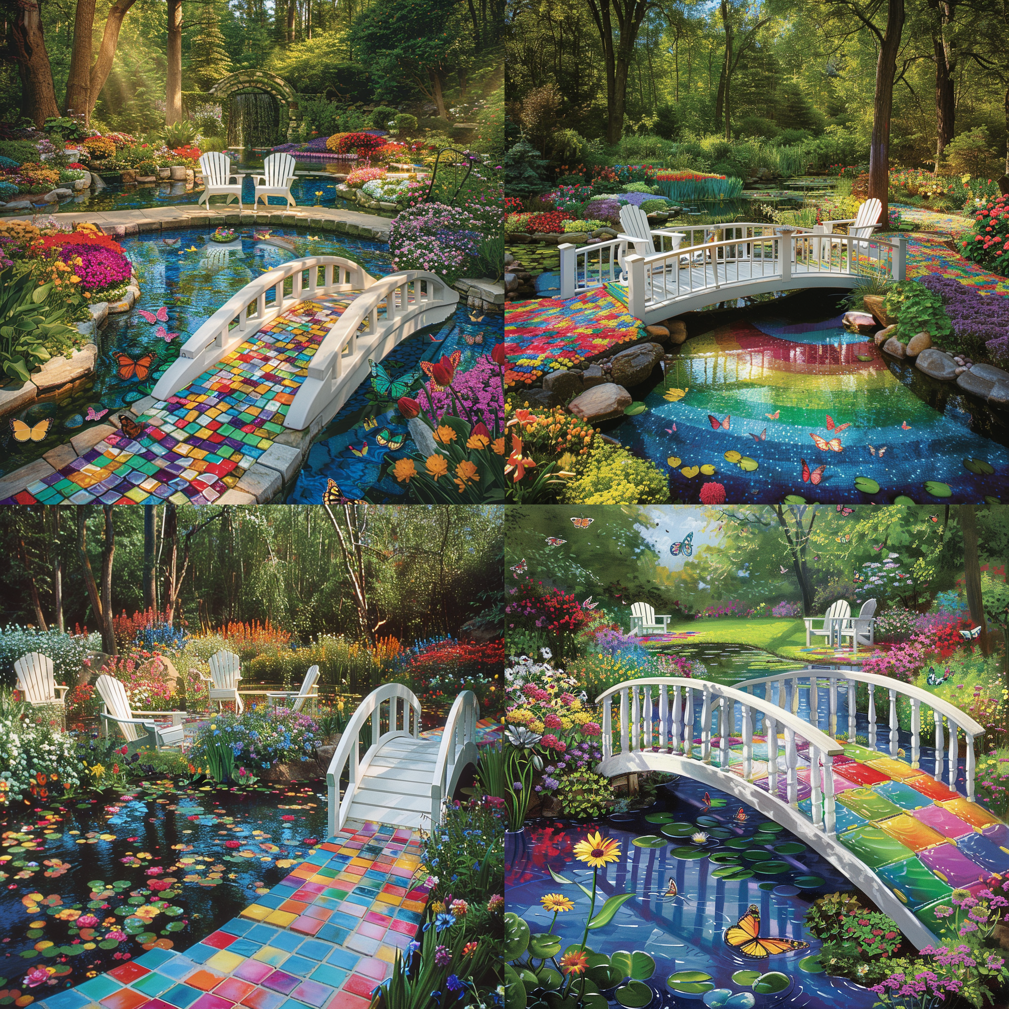 白色小桥跨过彩虹色铺装的水池，进入池中小岛，岛上有遮阳椅子，周边花海，蝴蝶飞舞，远处绿林环绕。自然光，广角透视，温馨画面，舒缓浪漫。