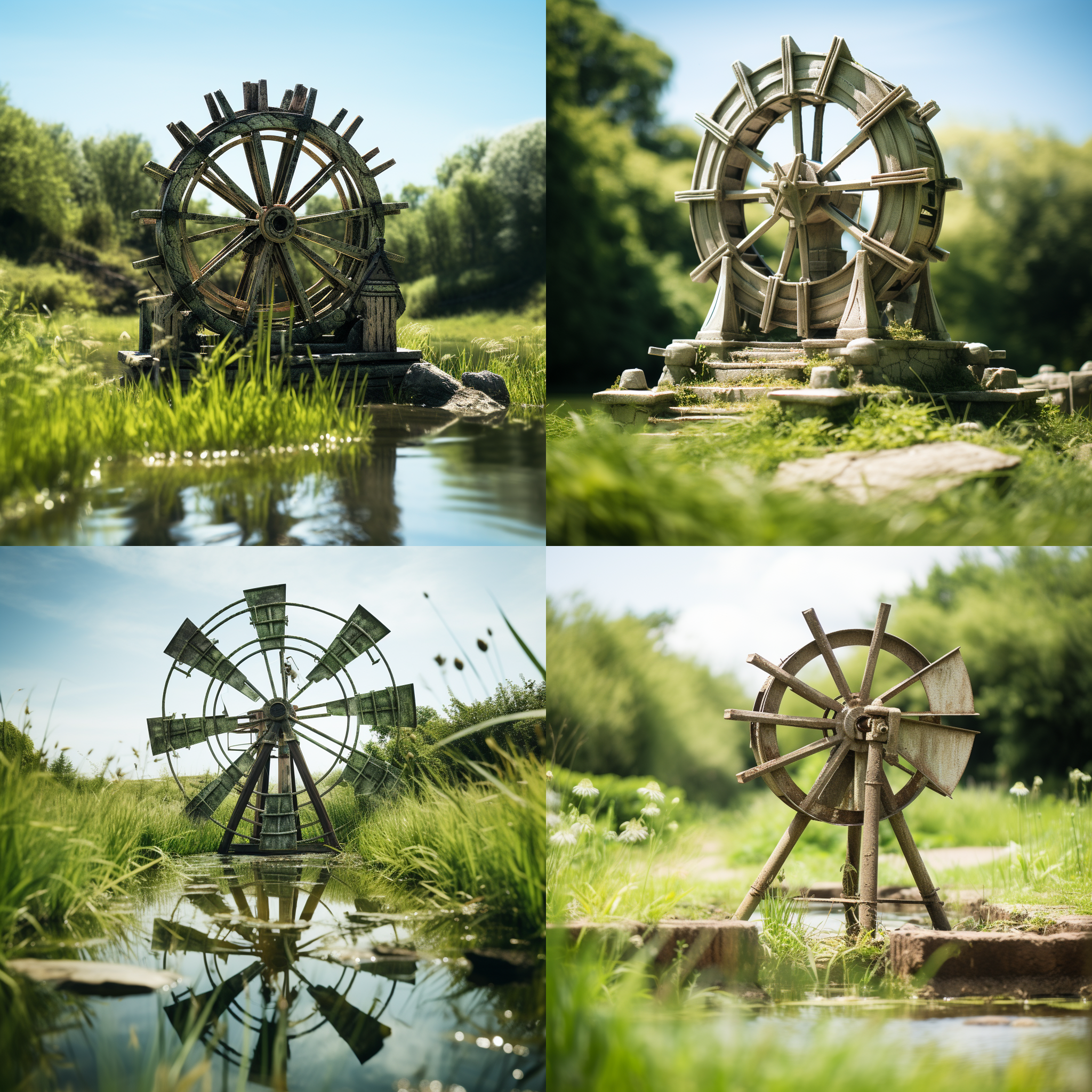风车水车雕塑，草地背景，对称构图，自然光线，柔和色调，长焦镜头，全景，静态，宁静，和谐。
