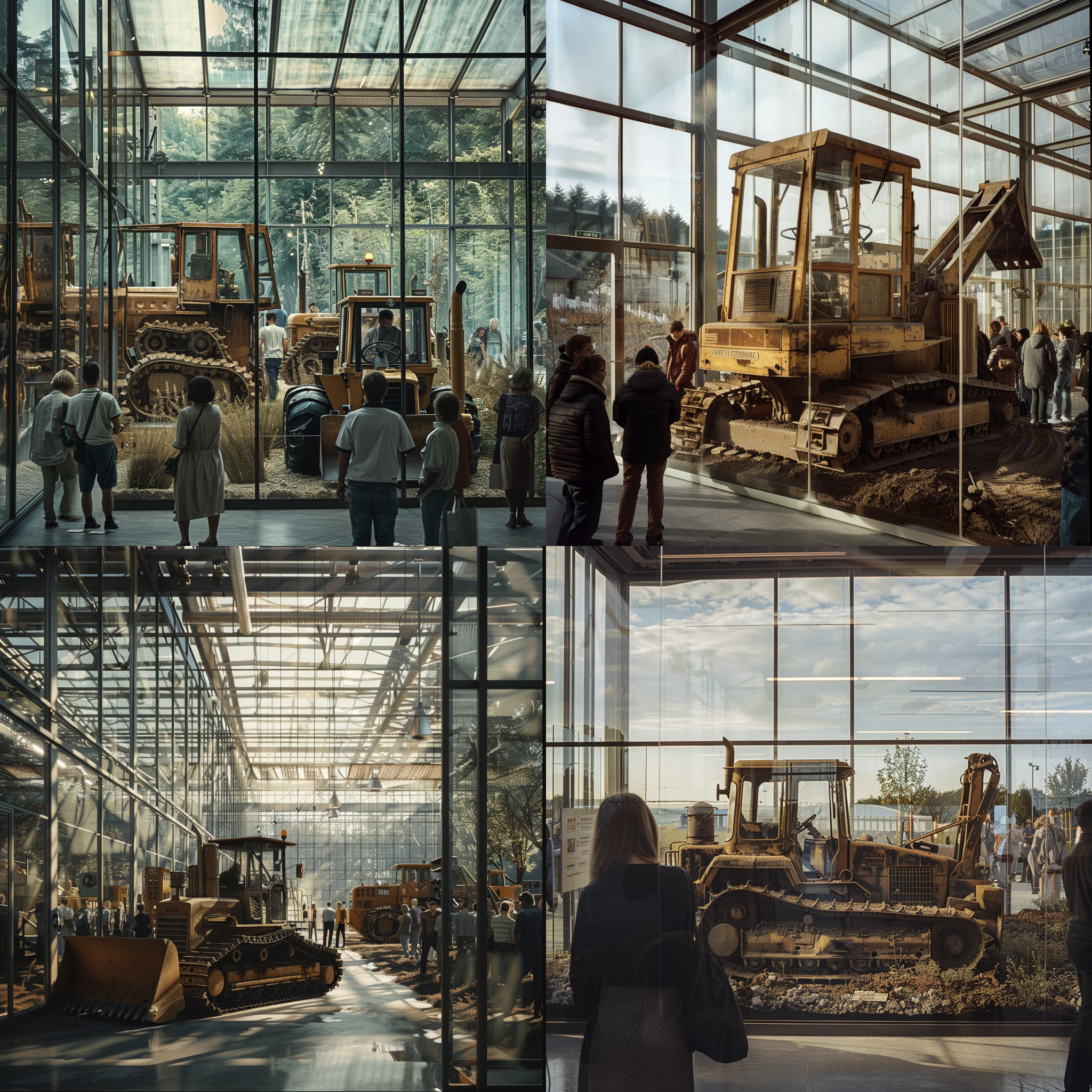 玻璃屋内精致老式推土机展览，人群围观，窗外乡村景致，复古怀旧风格，室内自然光，中焦镜头，静态展示，细节丰富，暖色调，怀旧情感。