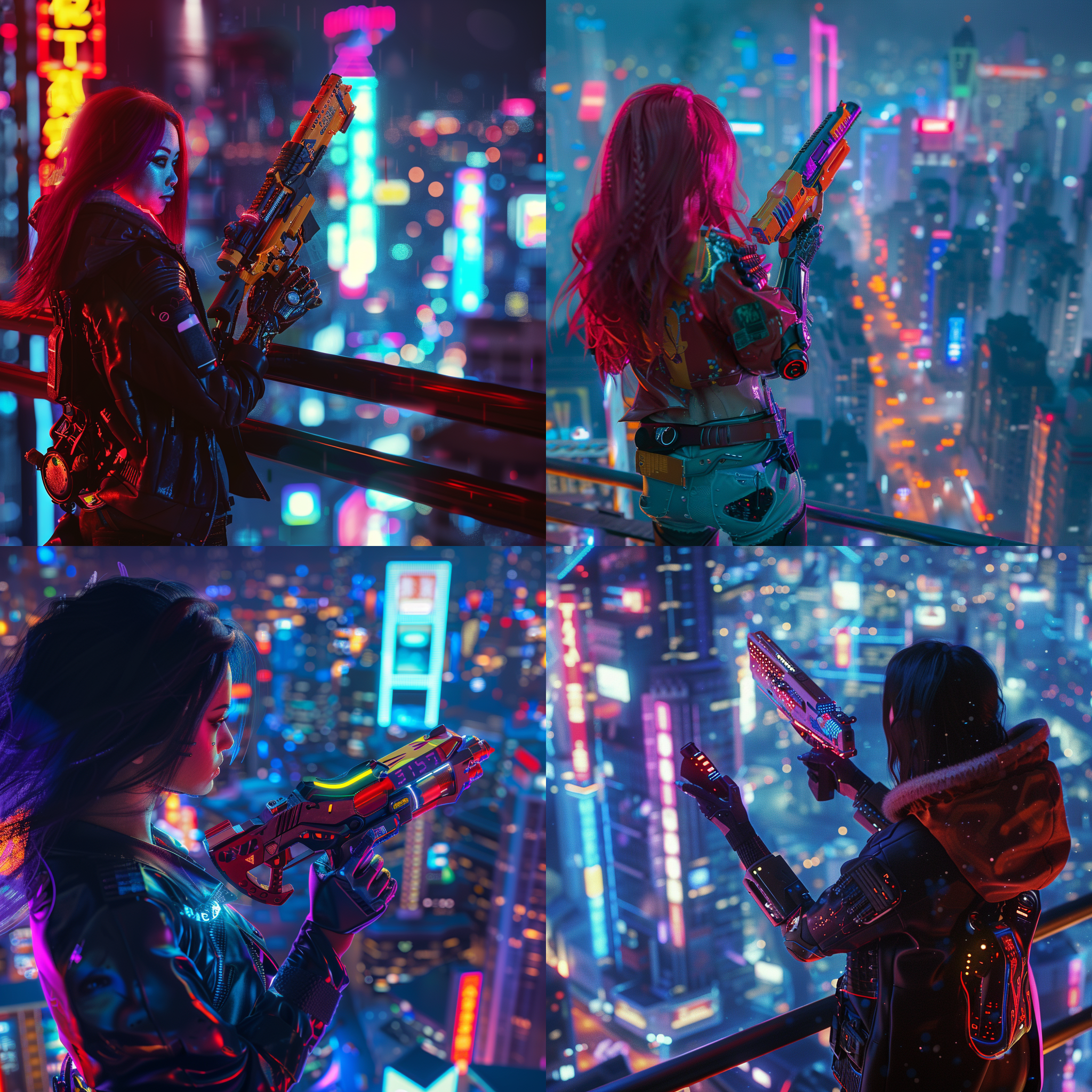 女人俯瞰城市，赛博朋克风格，科技感强烈，手握彩色枪支，3d渲染，城市夜景，霓虹灯光，广角镜头，高角度，冷暖对比，动态模糊，坚定表情。