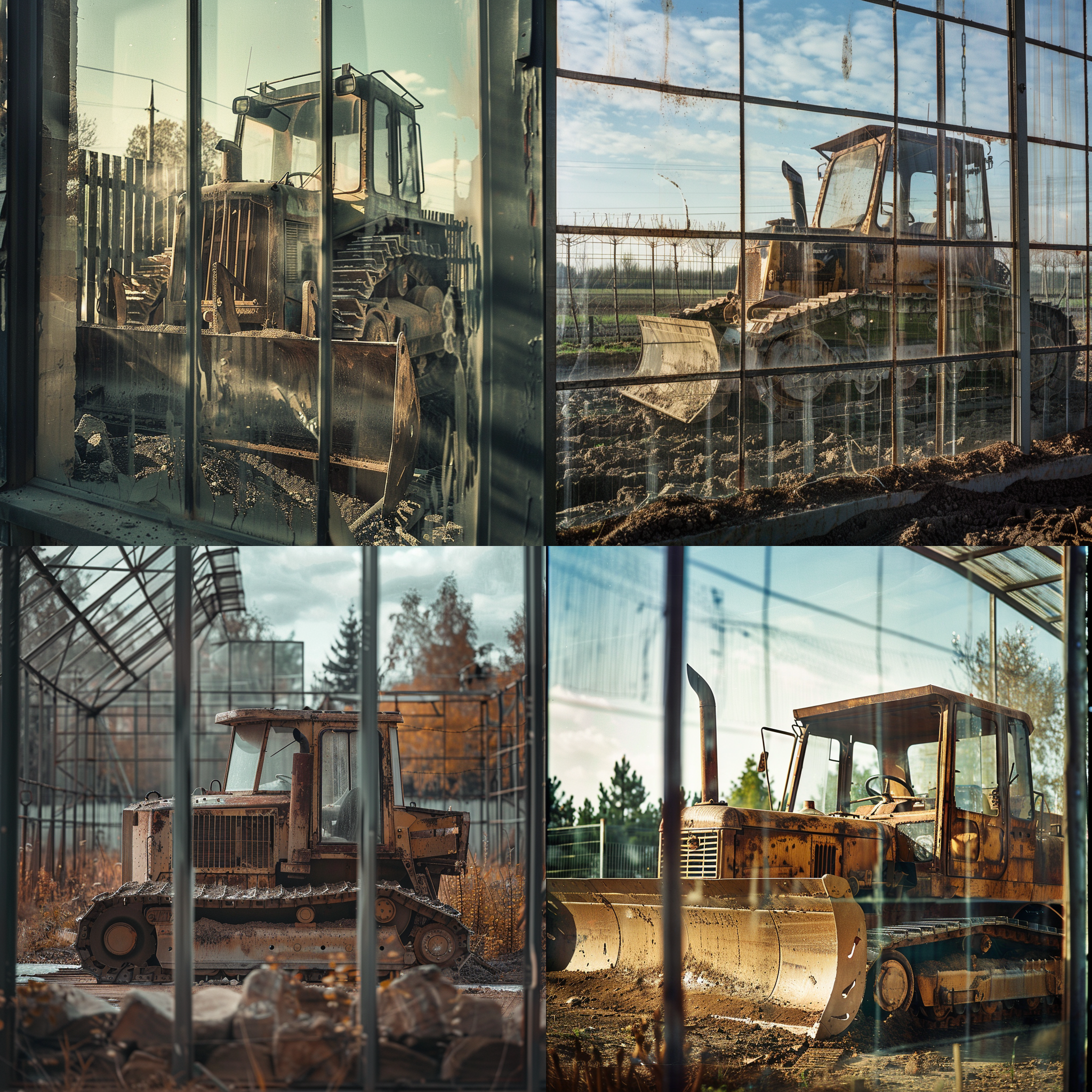 玻璃罩内老式推土机，围墙背景，乡村场景，复古风格，室外阳光，长焦镜头，清晰细节，怀旧，低饱和度，柔和光线，静态构图，历史感。
