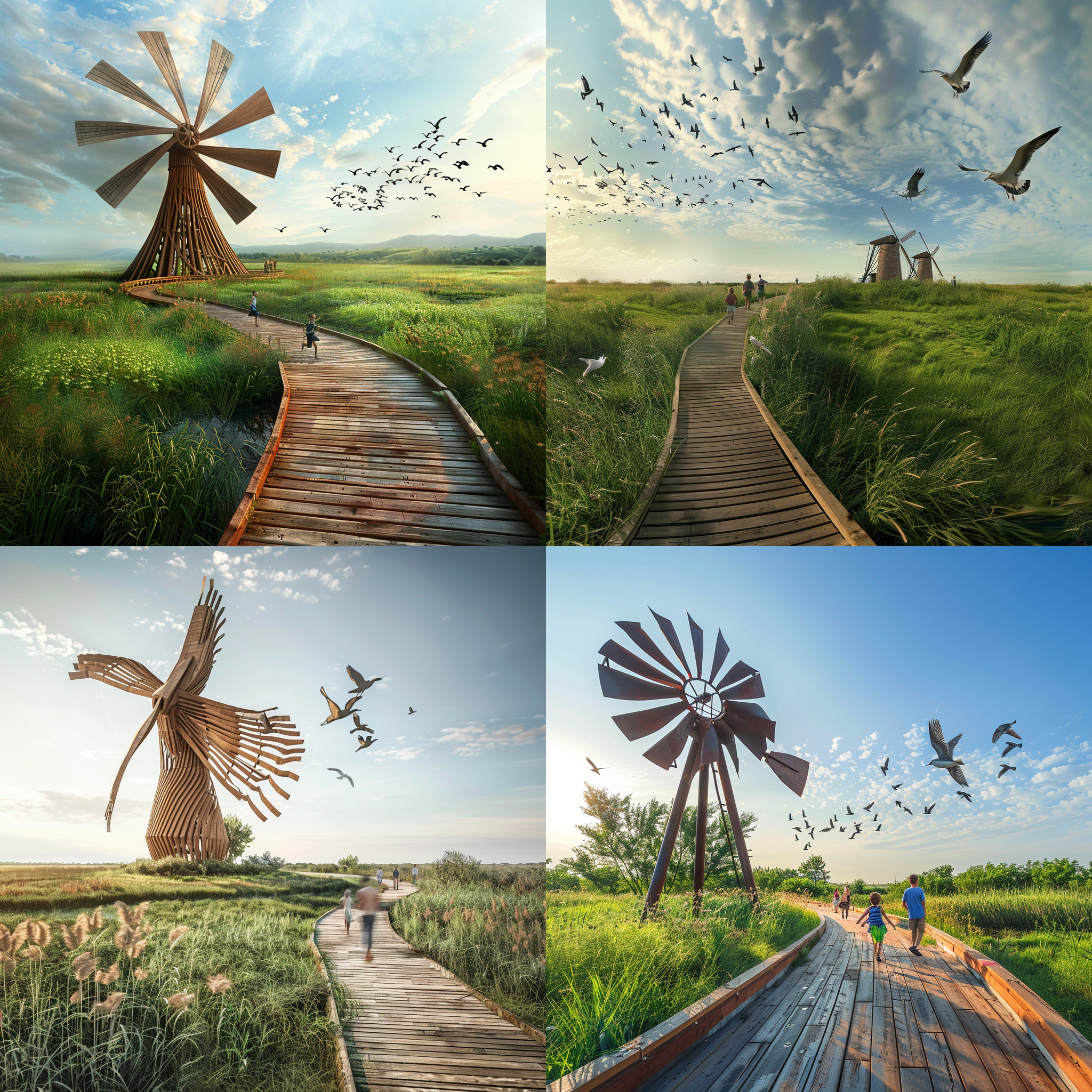 风车雕塑，广阔绿草地背景，飞鸟，木栈道，奔跑的孩子，广角透视，自然光线，柔和色调，长焦镜头，全景，静态，宁静，和谐。