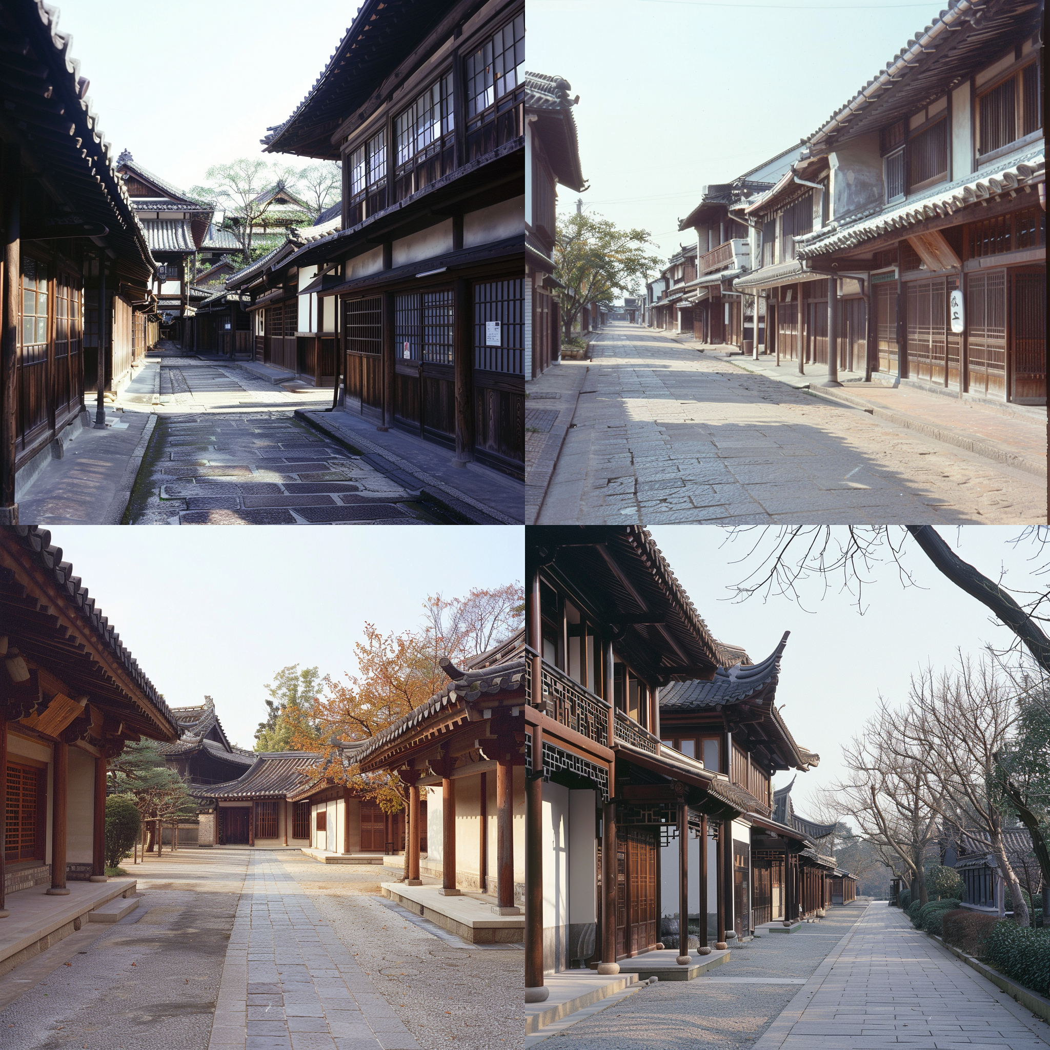 l一层联排建筑，局部二层，中间二层房顶凸显关东风格，门口加雨搭，两侧一层造型简洁，地面中式铺装装，墙面木材质处理，大门增加门楼，关东风格，线条简洁，暖色光晕，逼真材质，精致细节，mir风格。