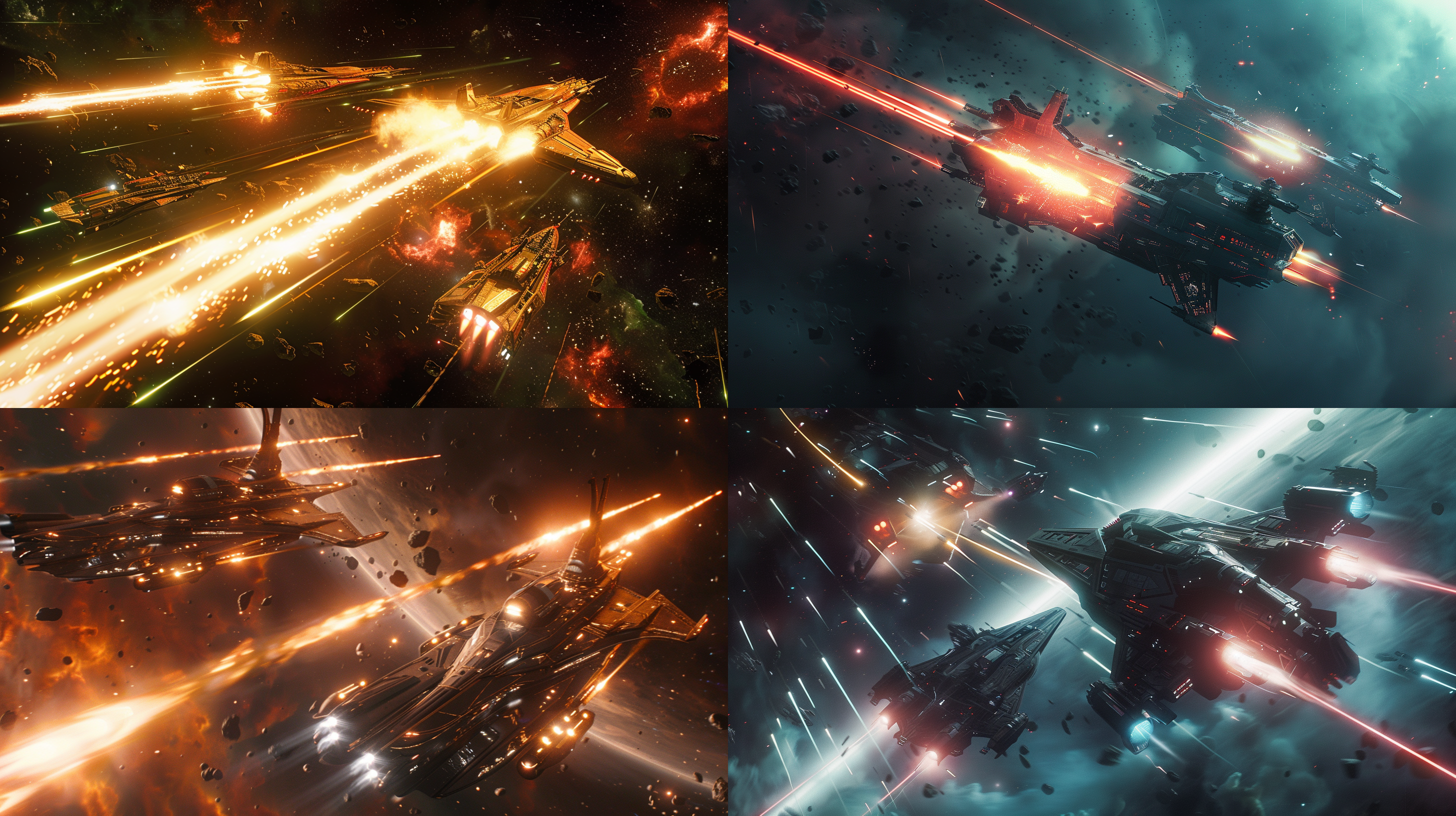 两艘宇宙战舰相互攻击，发射导弹，能量光束，远景，电影效果，深空背景，暗色调，科技感，广角镜头，星际战争，光束细节，导弹轨迹。