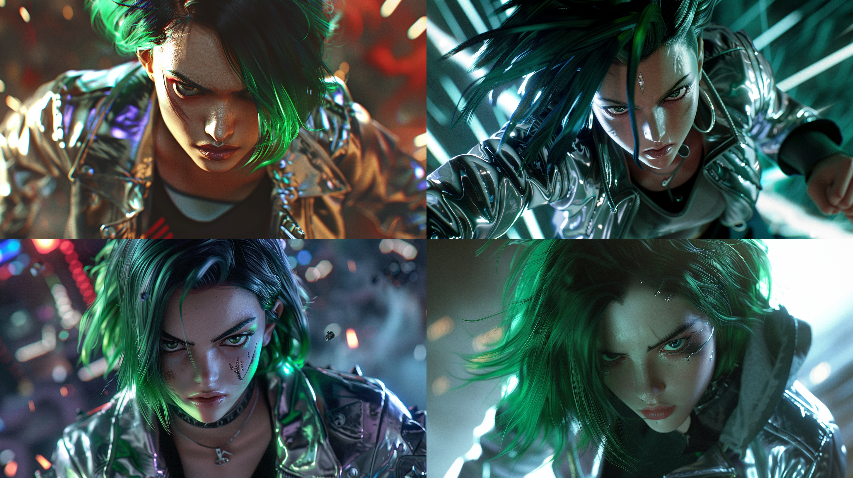 龙珠风格，黑色绿色挑染头发女性，银色夹克，黑色衬衣，3d渲染，战斗姿态，动态模糊，金属质感，冷色调，逆光，特写镜头，强烈对比，紧张气氛。