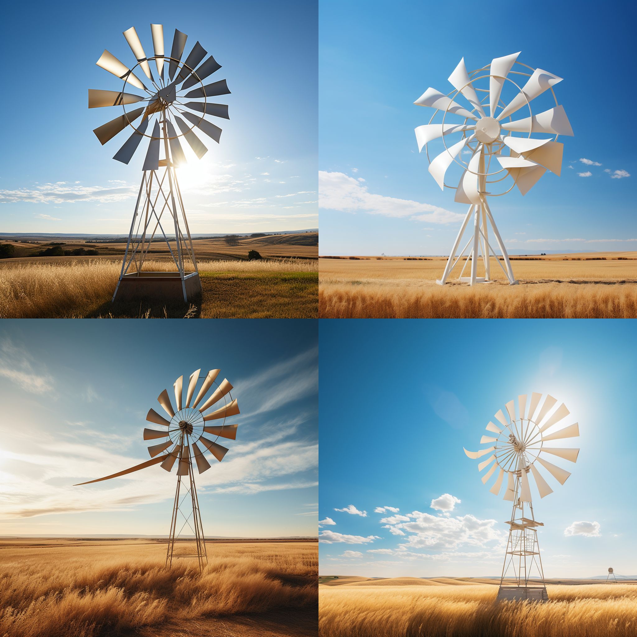 风车雕塑，广阔草地背景，广角透视，自然光线，柔和色调，长焦镜头，全景，静态，宁静，和谐。