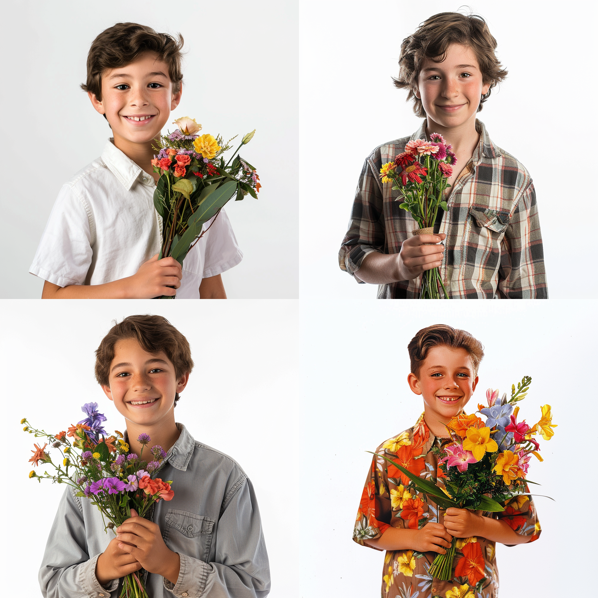 白底图 一个美国13岁男孩 面带笑容 单手握着一束花