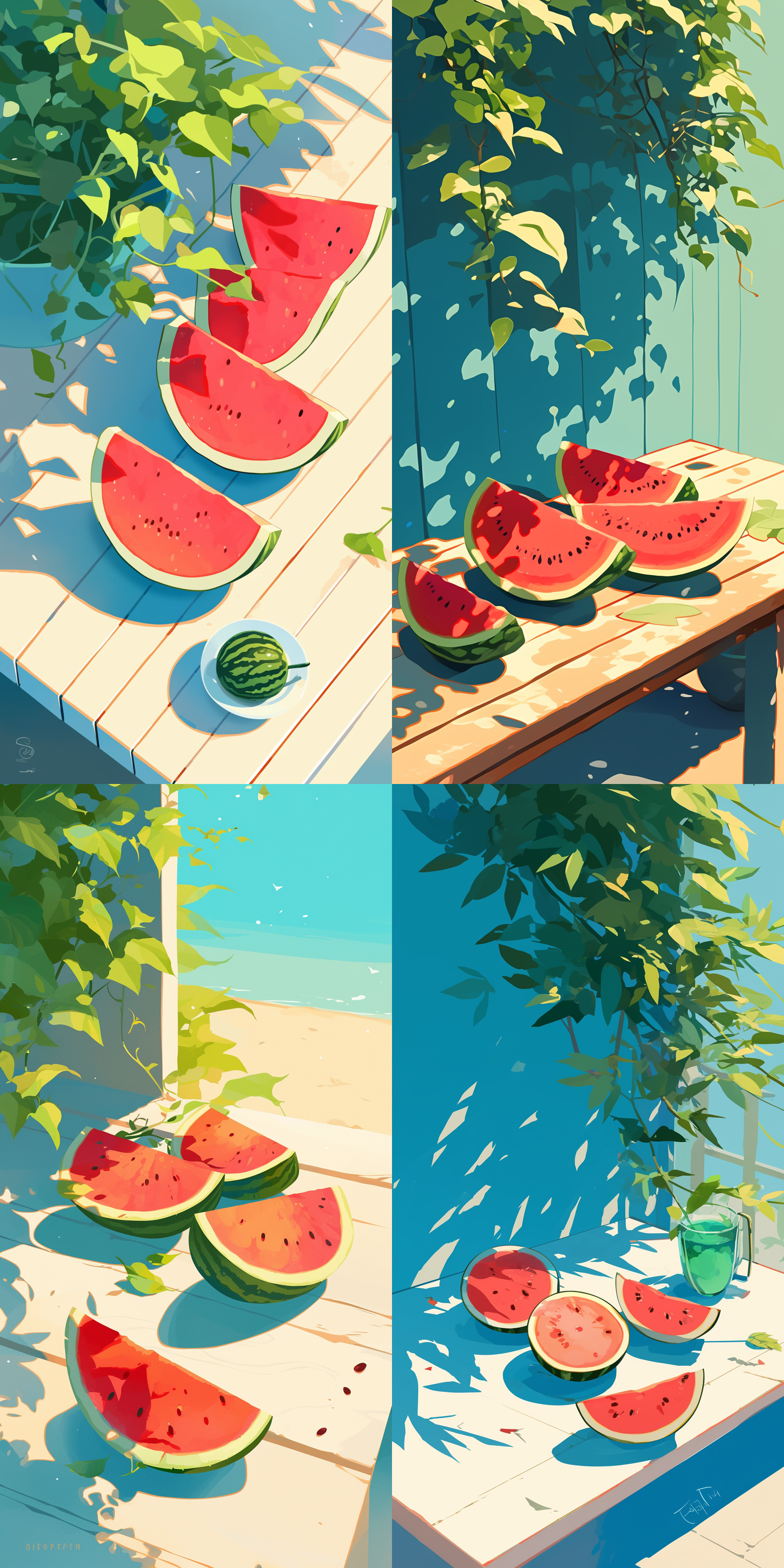 桌子上摆放着三个西瓜，简单背景，夏至，海报，矢量插画