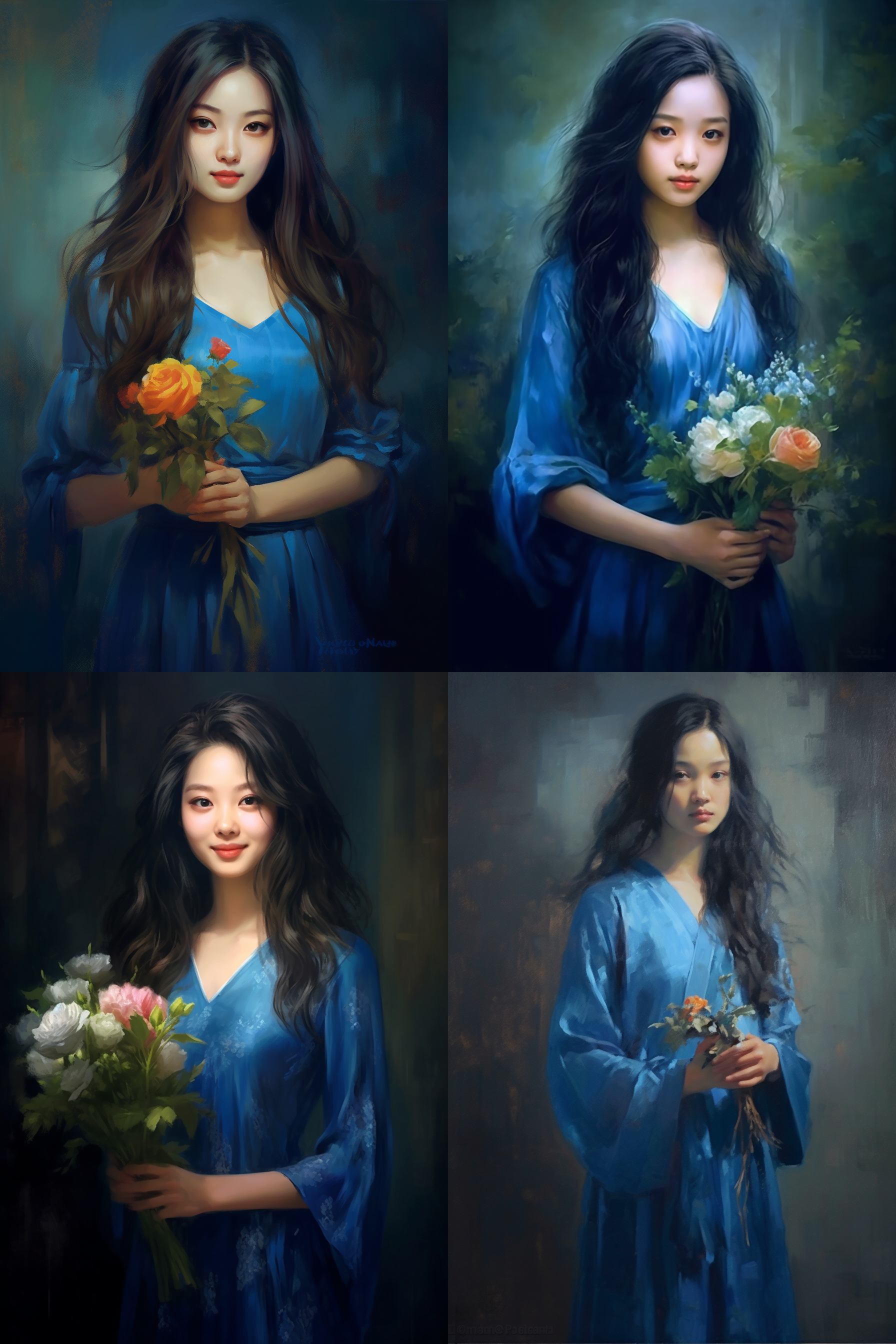 中国蓝衣女孩手捧鲜花，长发发丝清晰，学院派写实油画，背景朦胧柔和，自然光，柔和对比，细腻笔触，专注表情，动态捕捉，暗调和谐色彩。