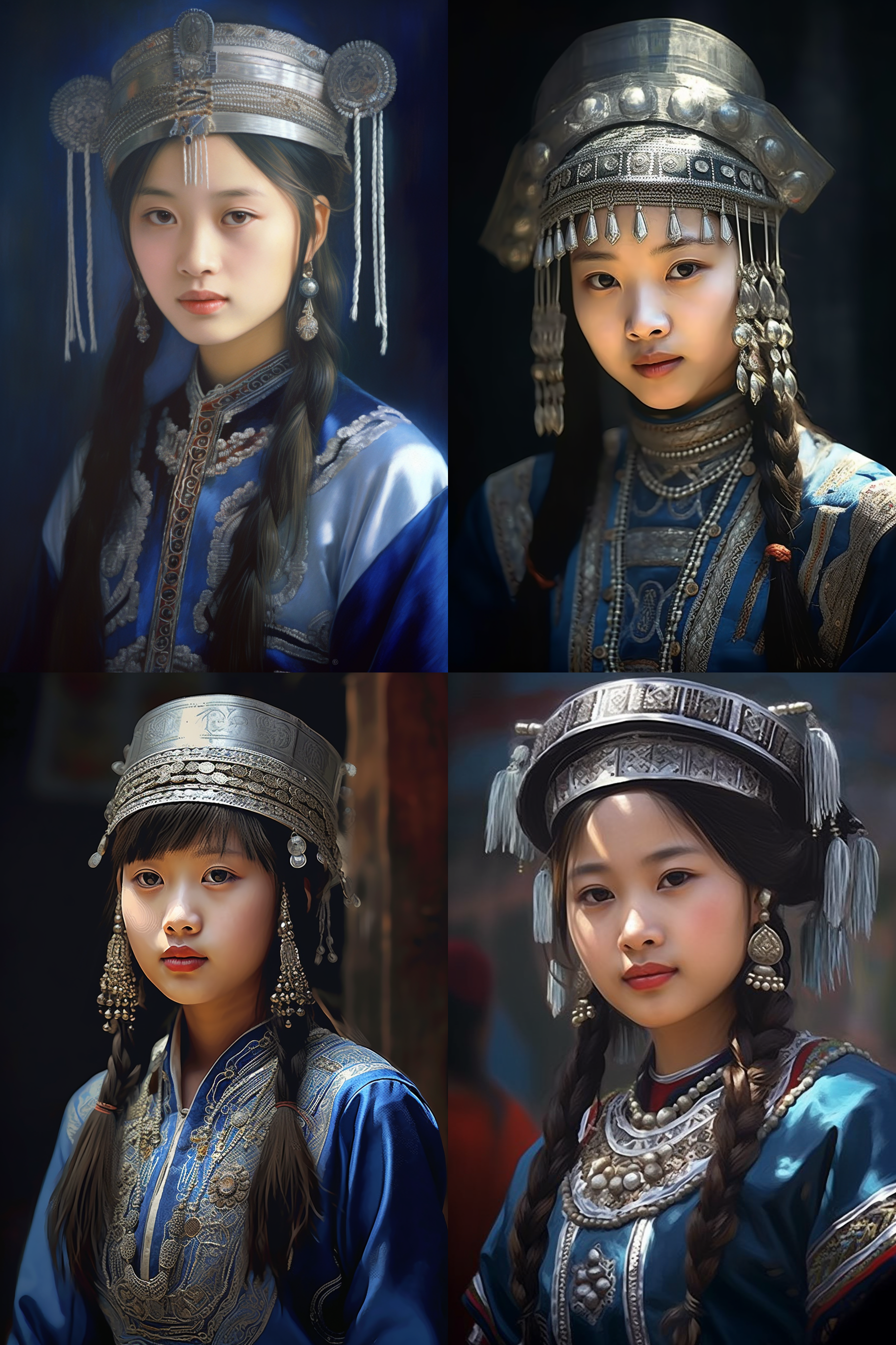 中国苗族女孩，传统蓝色衣服，头戴苗族银质头冠，戴苗族传统银饰，发丝清晰，学院派写实油画，背景朦胧柔和，自然光，柔和对比，细腻笔触，专注表情，动态捕捉，暗调和谐色彩，8k高清画质。