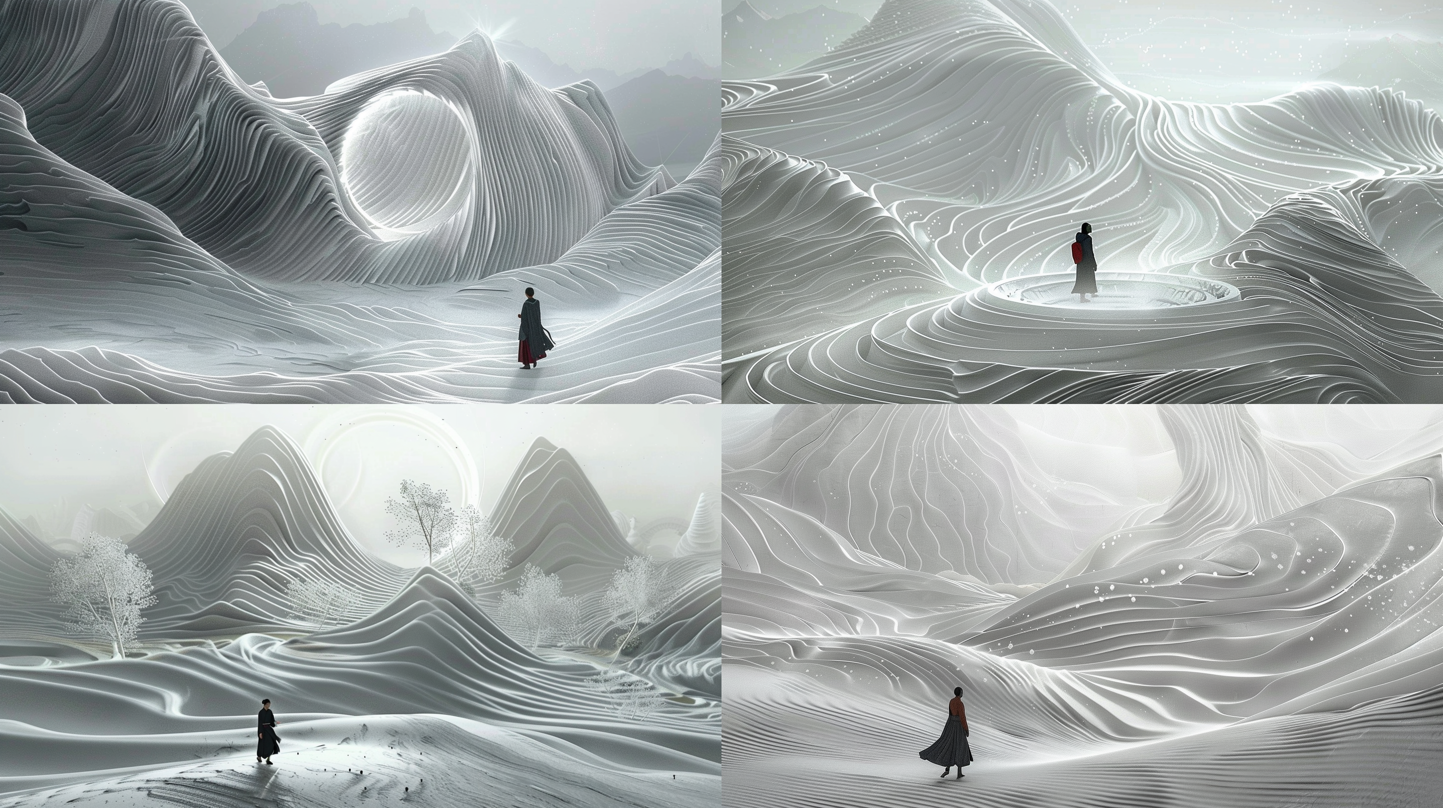 大面积留白，沙质中式圆盘，汉服行走，宋代工笔山水画风，cinema4d渲染，有机流动形式，月球表面，浅绿白色调，地中海景观，波浪形树脂片材，柔和背光，远景构图，静谧氛围。