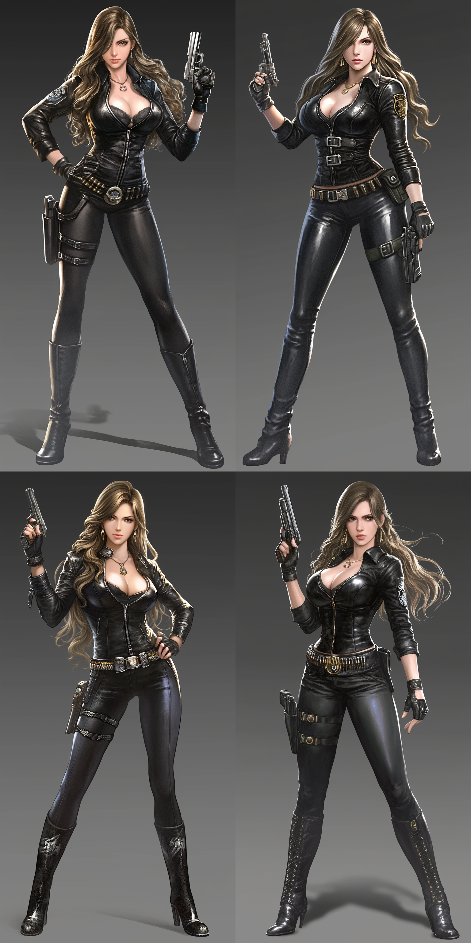 美女，完美身材，大波浪卷发，耳坠，黑色夹克，紧身衣，紧身裤，过膝长靴，手枪，立姿，全身，6k 生化危机 辐射系列