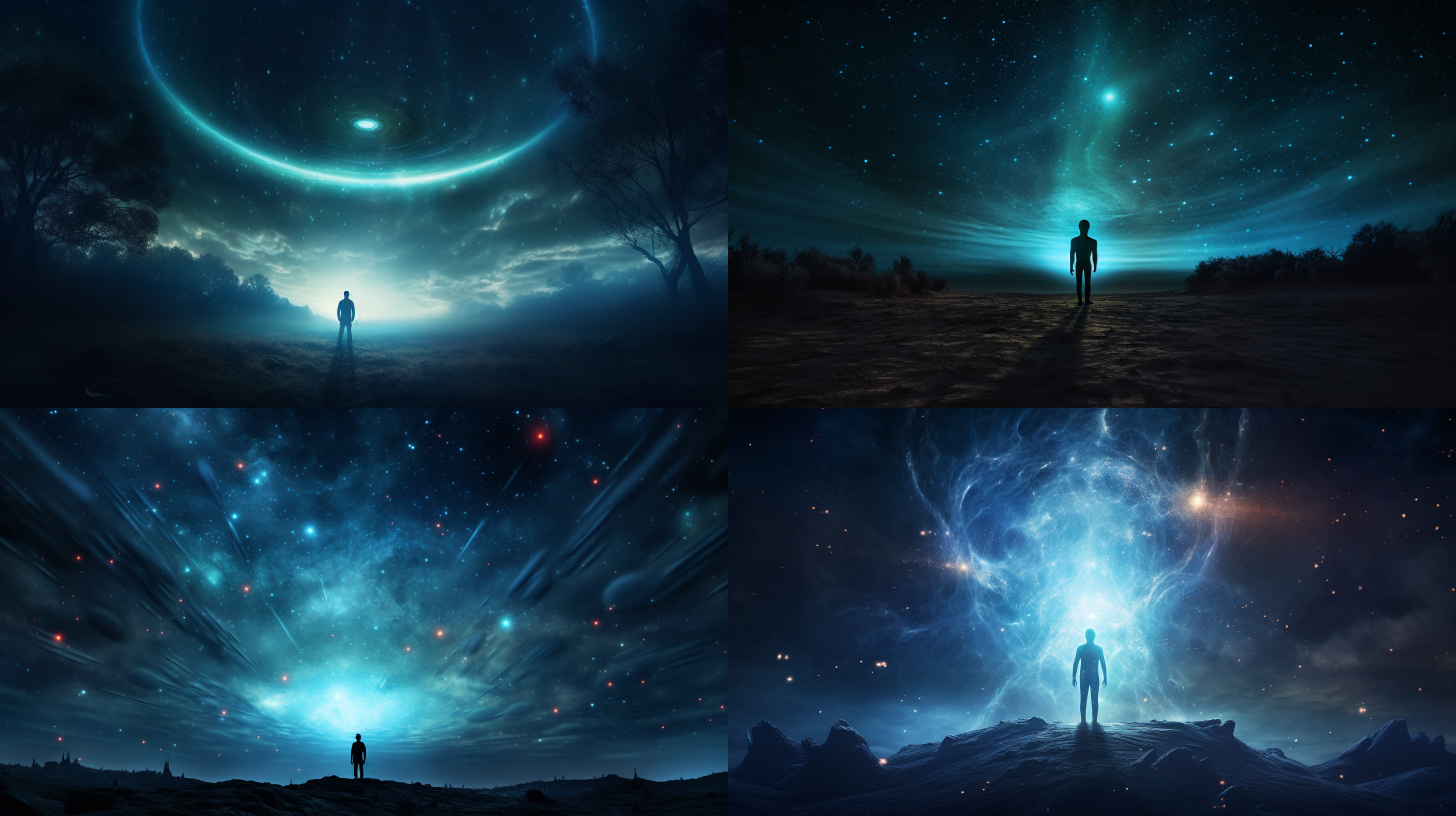 外星人凝视宇宙星空，多维度空间交错，孤独人类背影，广角镜头，深空背景，冷色调，星光点缀，长曝光，神秘，超现实。