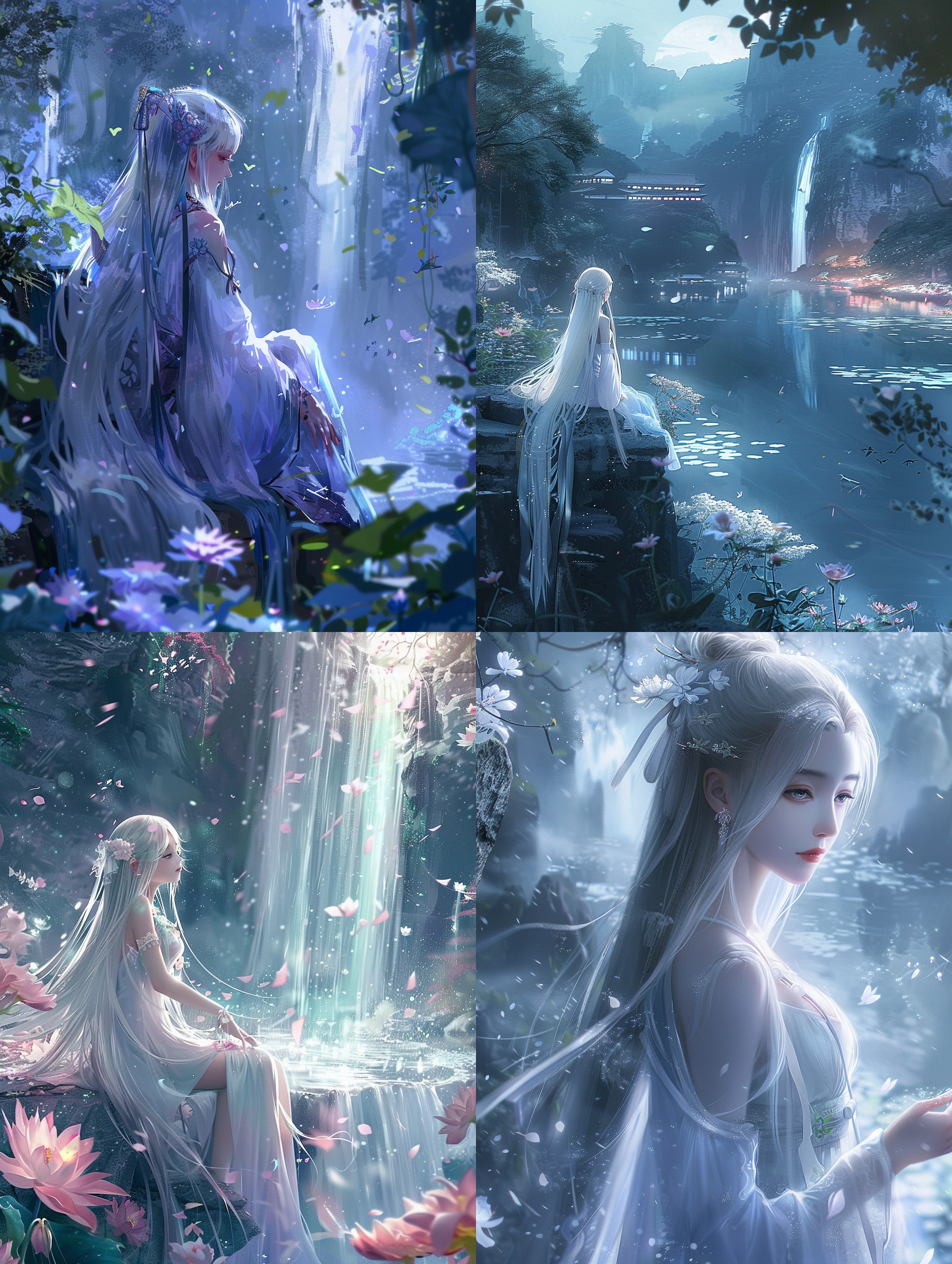 仙侠世界，白丝少女，瀑布花海，梦幻夏日祭，杭州夜景，韩式动漫风，忧郁诗意，流媒体直播，细腻光影，广角镜头，冷暖色调交织，飘逸长发，凝视远方，沉思表情，ai艺术创作。