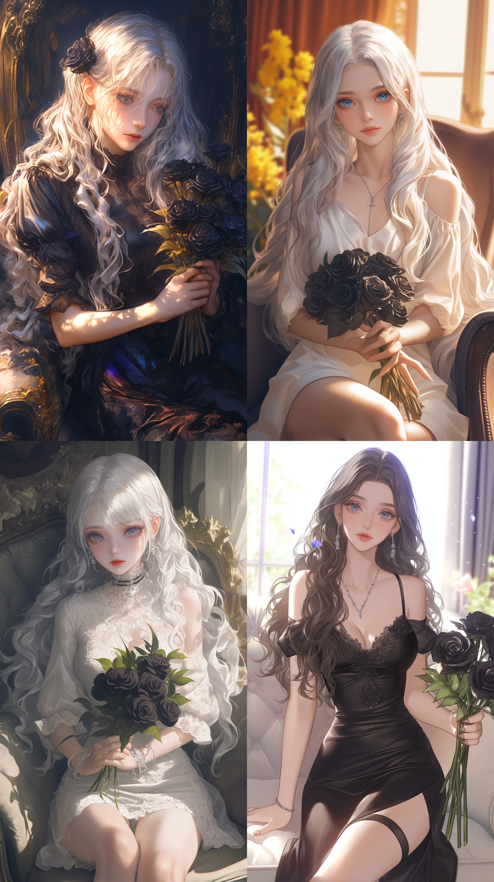 chinese，少女，精致美丽，银色长卷发，时尚，chanel，坐在沙发上，抱着一束黑玫瑰，时尚杂志封面，干净背景，居中，景深，光影效果，4k，cg插画风格。