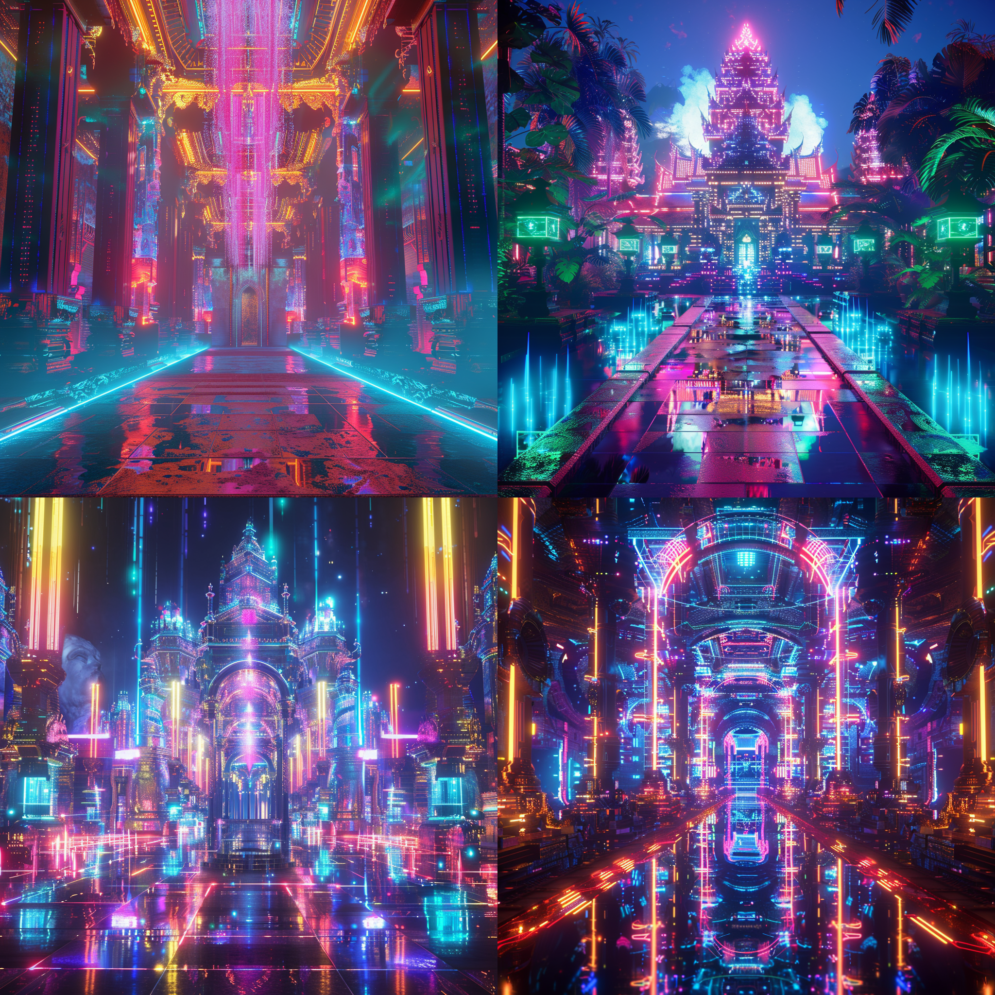 三维全息投影的寺庙，动态展现，赛博朋克风格，极高分辨率，霓虹灯光环绕，立体感强烈，孤岛上的寺庙，全息投影，细节丰富，科技感十足，投影，透明光线，电子科技，全景，动态光影，光线构成，透明彩色，数码生成，广角镜头，色彩缤纷，斑斓灯光。